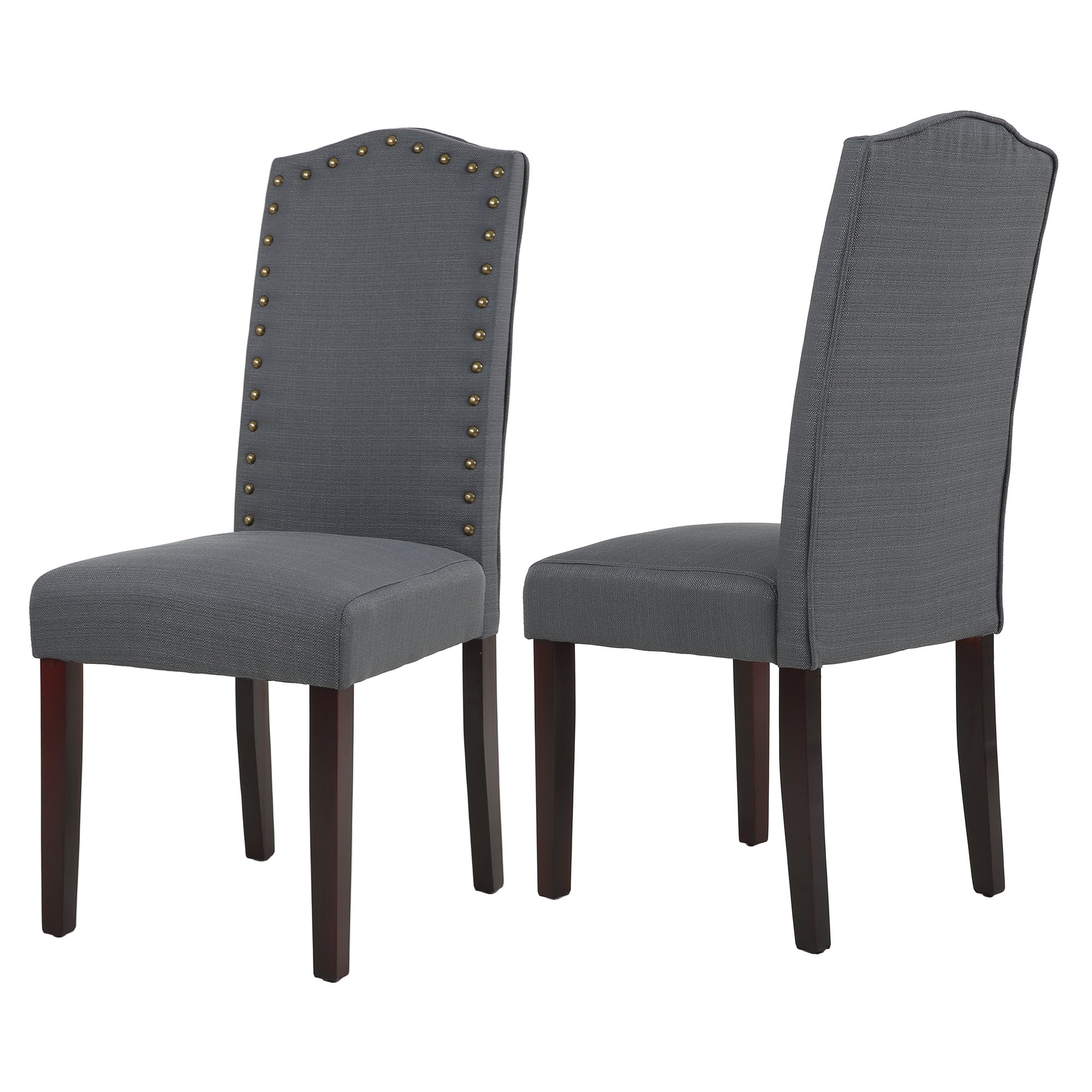 LSSBOUGHT Set of 2 Upholstered Parsons Dining Chairs - Dark Gray Fabric Kitchen Chairs with Solid Wood Frame & Nailhead Trim - Perfect for Dining Room, Kitchen, or Breakfast Nook