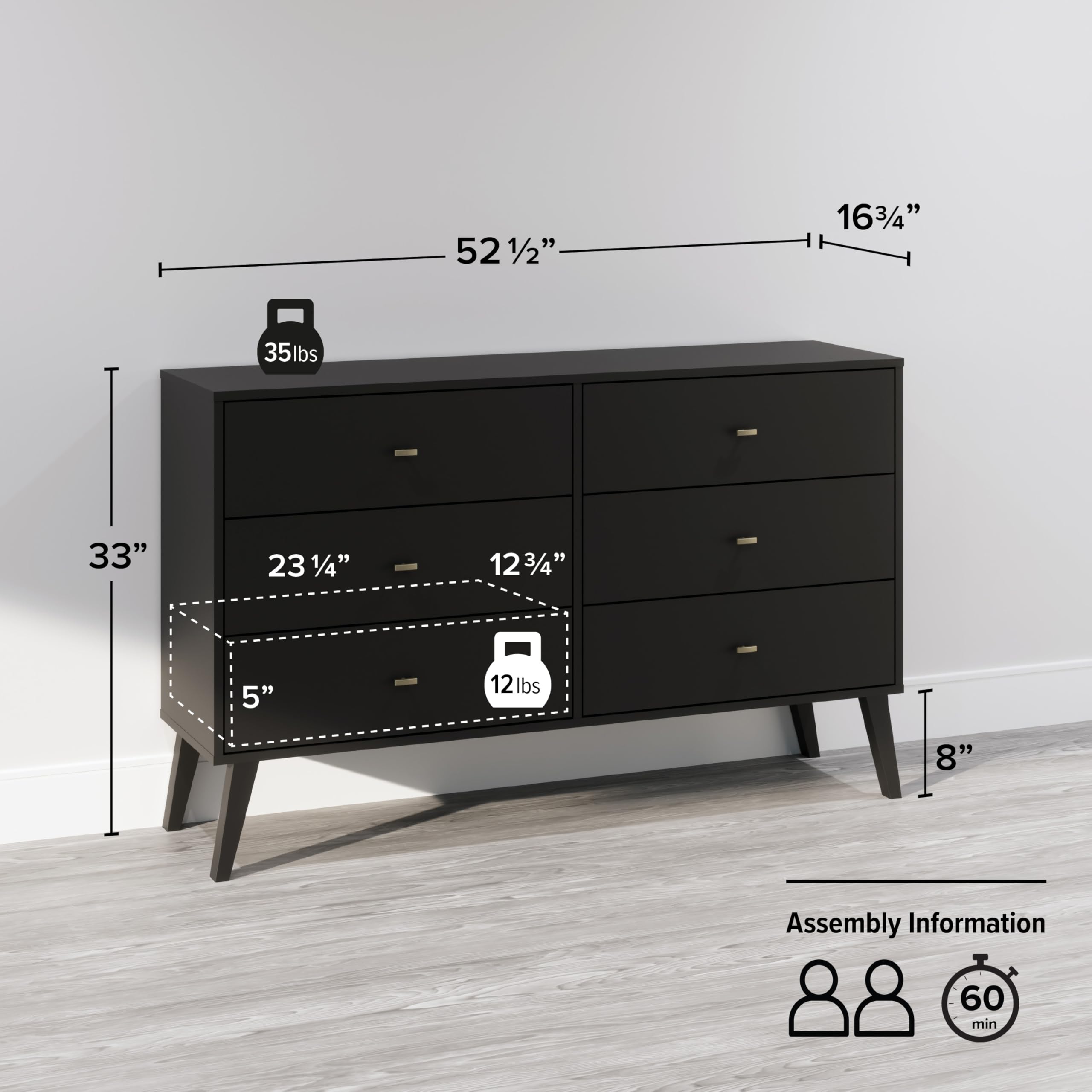 Mid-Century Modern 6-Drawer Double Dresser - Prepac Milo Wide Chest of Drawers for Bedroom, Contemporary Bedroom Furniture (16.75