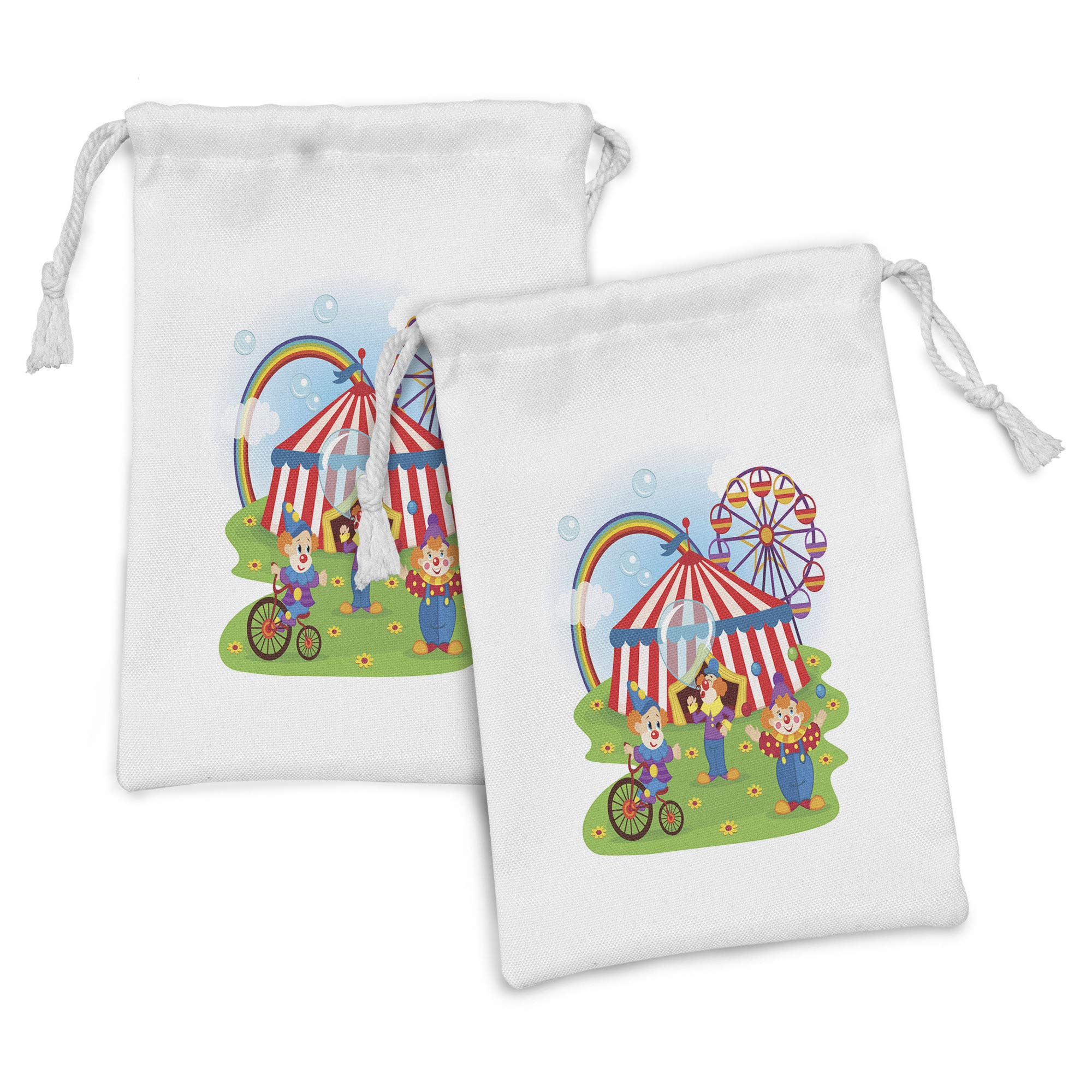 Ambesonne 2-Pack Circus Fabric Drawstring Pouches - Colorful Clown, Rainbow Ferris Wheel & Happy Bubbles Design - 9