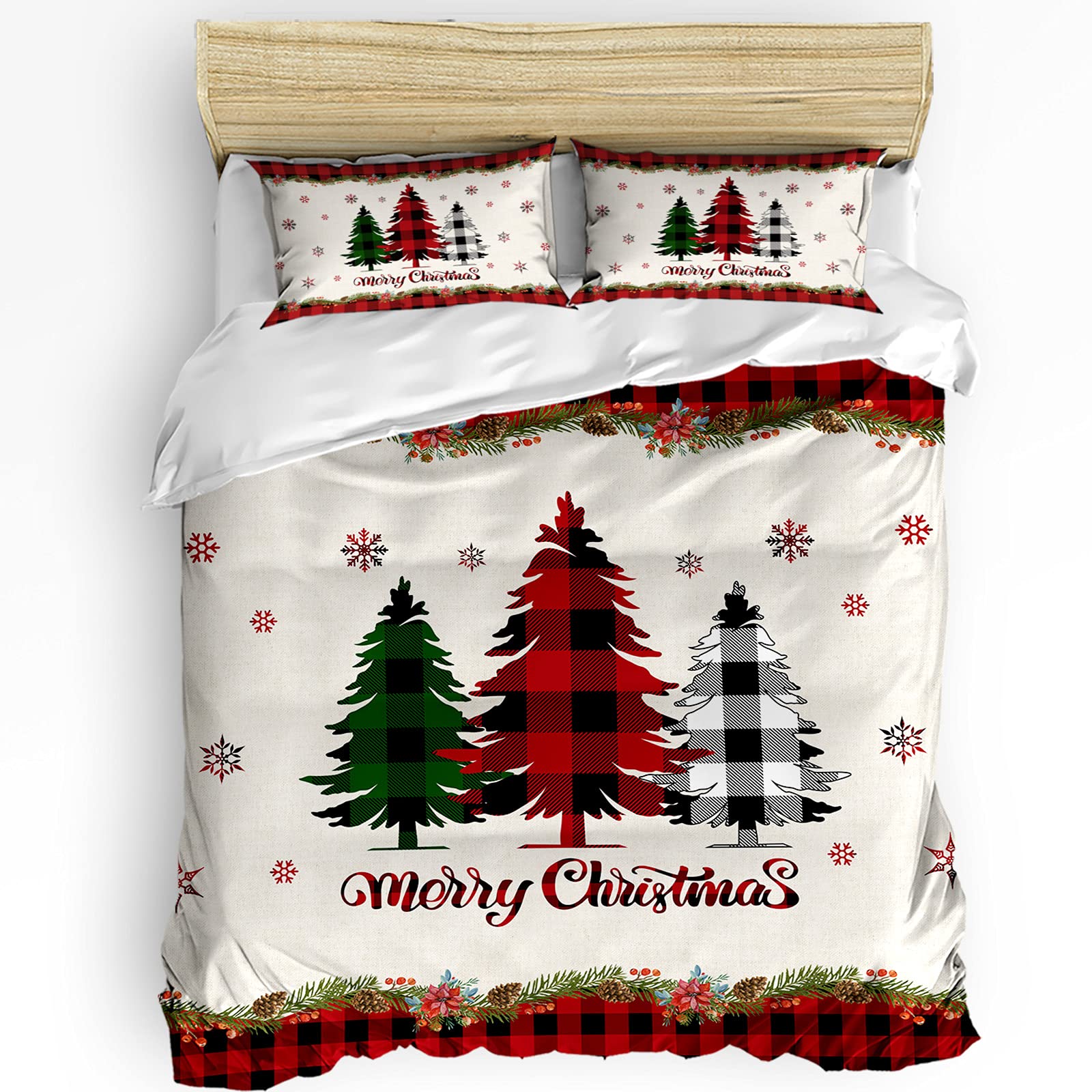 Full Size 3-Piece Buffalo Plaid Duvet Cover Set with 2 Pillow Shams - Lightweight Soft Comforter Cover with Christmas Tree Design | Perfect for Holiday Bedroom Decor & Cozy Winter Nights