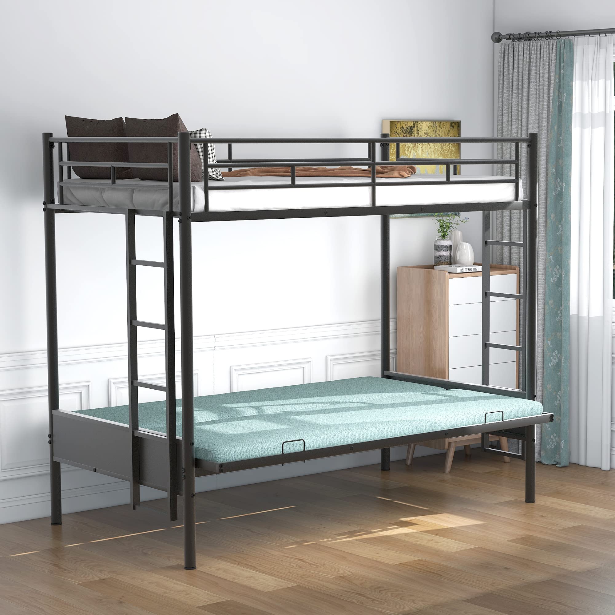 Convertible Metal Bunk Bed Frame - Twin Over Full Size with Ladder | Heavy Duty for Kids, Teens & Adults | Futon to Full Bed Conversion | Perfect for Small Spaces, Guest Rooms & Dormitories