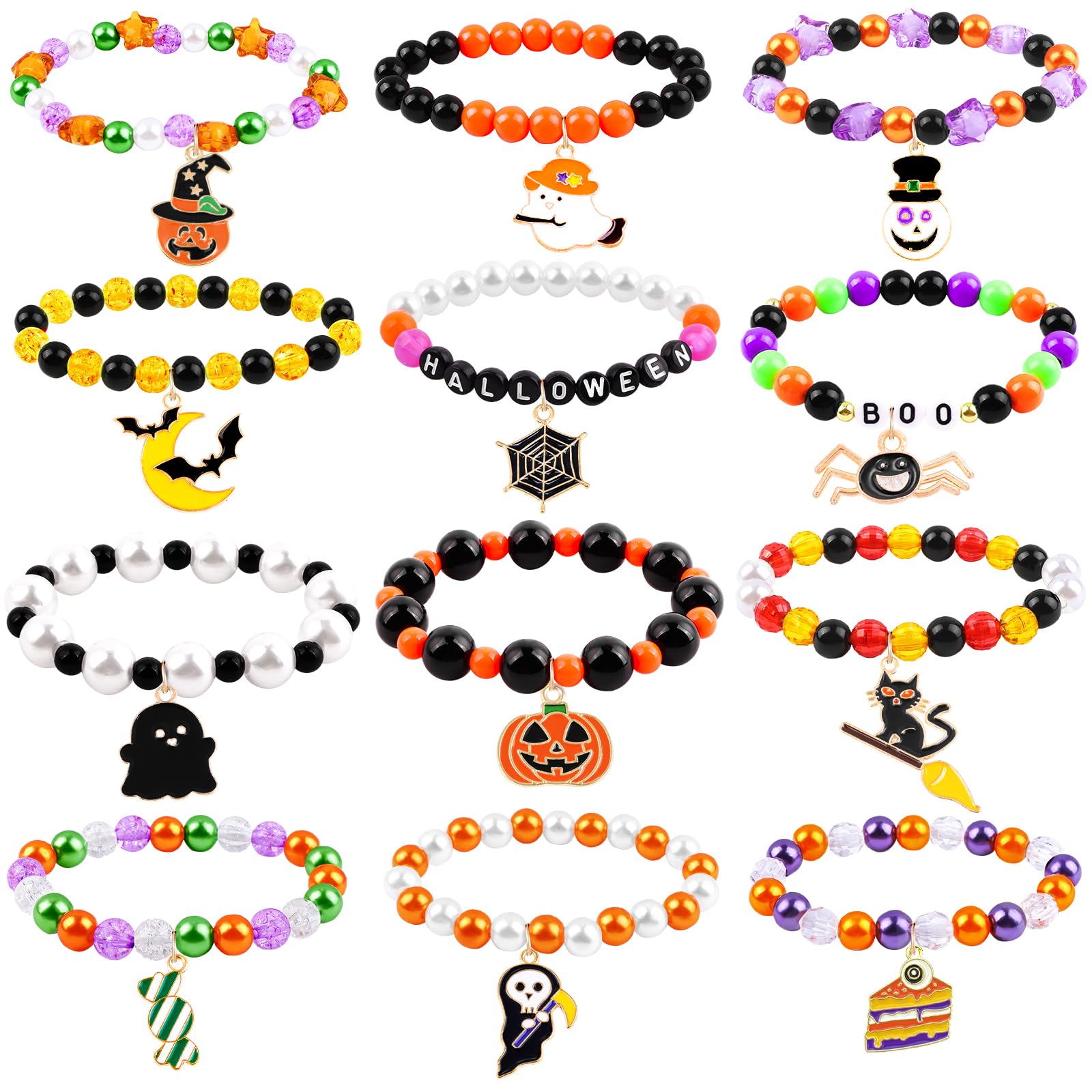 12pcs Halloween Bracelets for Kids - Trick or Treat Party Favors, Glow in the Dark Beaded Bracelets with Charms Set for Boys & Girls - Perfect for Halloween Goodie Bags, Classroom Prizes & Costume Accessories