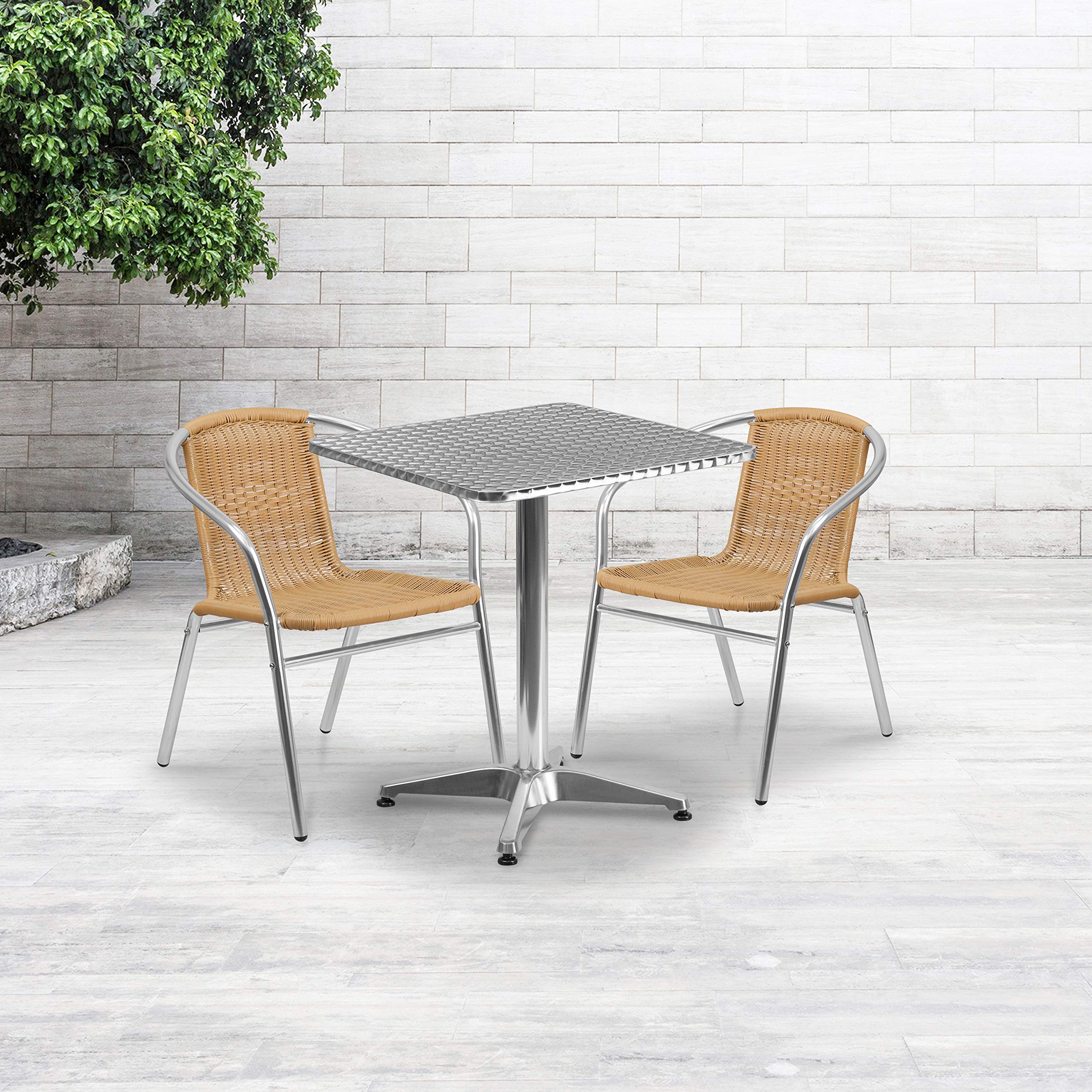 Flash Furniture 23.5'' Square Aluminum Patio Dining Table Set with 2 Beige Wicker Chairs - Indoor Outdoor Bistro Set for Garden, Balcony & Small Space Dining
