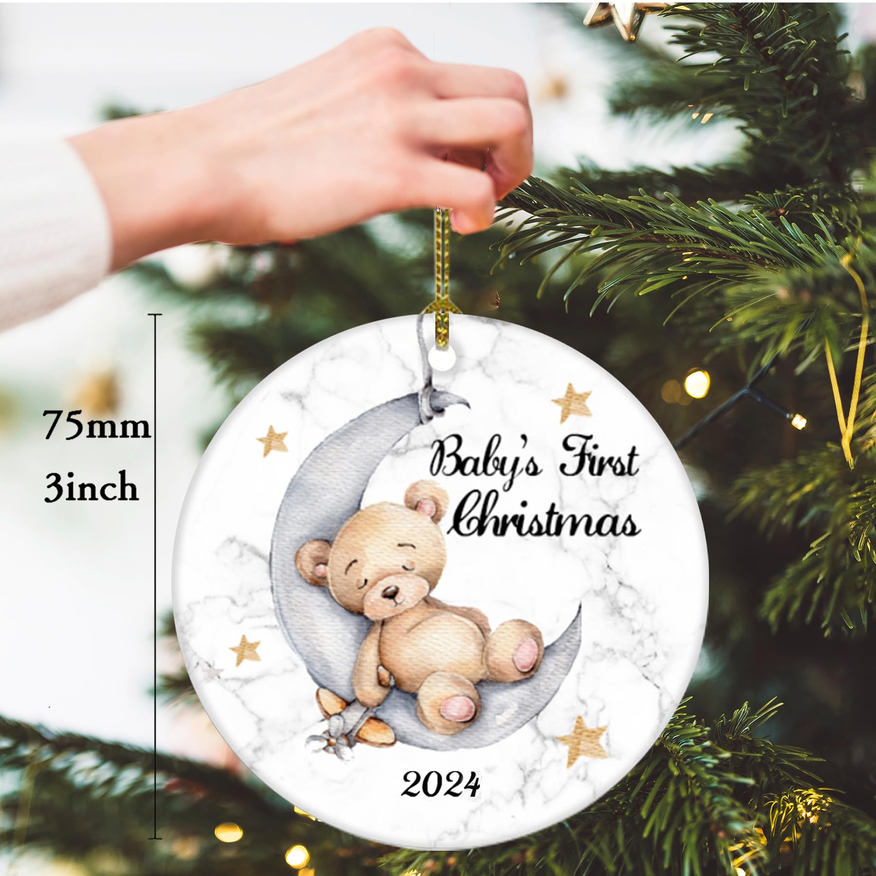 2025 Baby's First Christmas Ornament - Cute Boy Bear on The Moon for Newborn & Newlywed Decor (Yellow & White) - Perfect for Christmas Tree, Nursery, Wedding & Holiday Celebrations