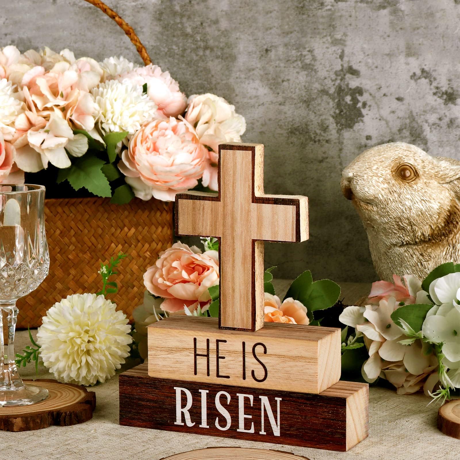 3-Piece Easter Home Decor Set - HE is Risen Wooden Cross Table Signs, Christian Religious Block Signs for Farmhouse & Rustic Tiered Tray Decorations | Perfect for Easter Gifts, Church Events & Spring Home Decor