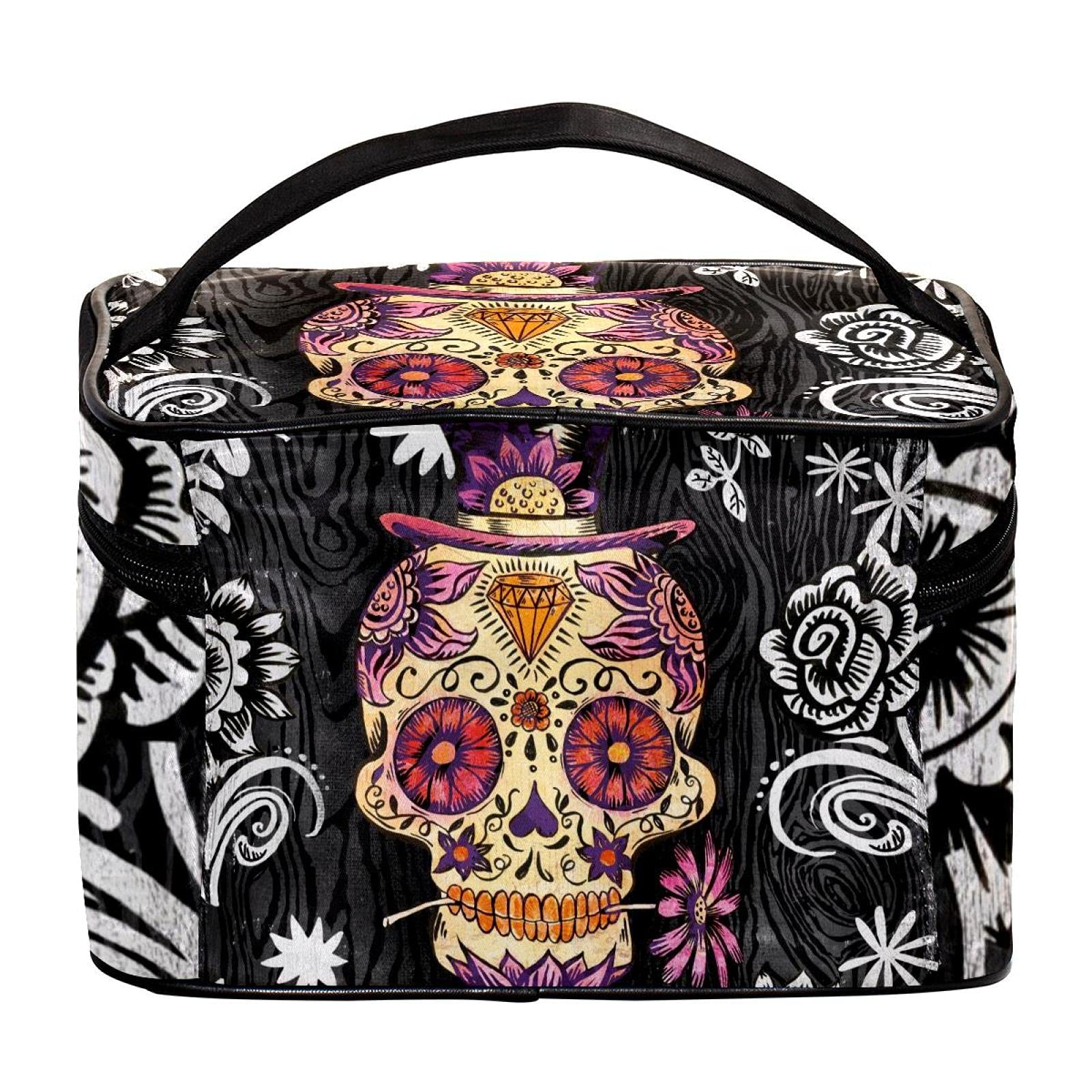 Stylish Sugar Skull & Daisy Print Large Travel Makeup Bag - Waterproof Cosmetic Organizer with Zipper for Women & Girls | Perfect for Vacation, Gym, Beach Trips & Daily Essentials Storage