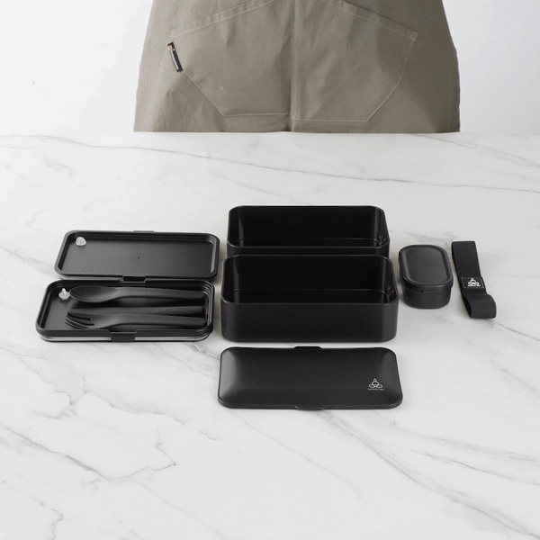 Bento Tek 41 oz Black Buddha Box - All-in-One Lunch Container with Utensils & Sauce Cup (7.25
