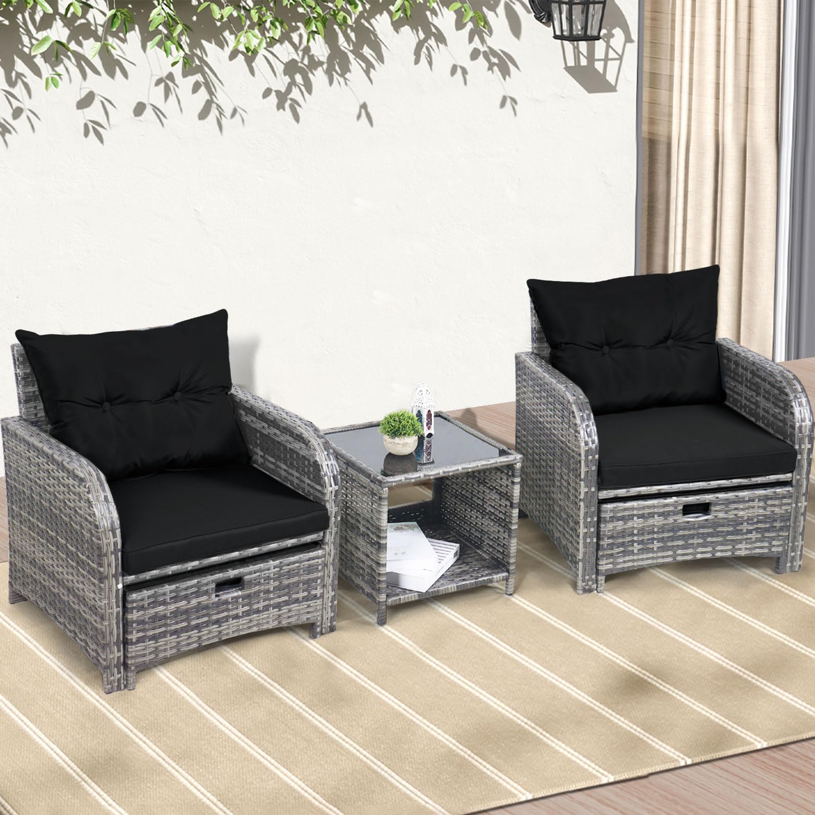 5-Piece PE Wicker Outdoor Patio Furniture Set with Ottoman & Side Table - All-Weather Rattan Chairs for Porch, Balcony, Sunroom - Perfect for Relaxing, Entertaining & Lounging (Black)