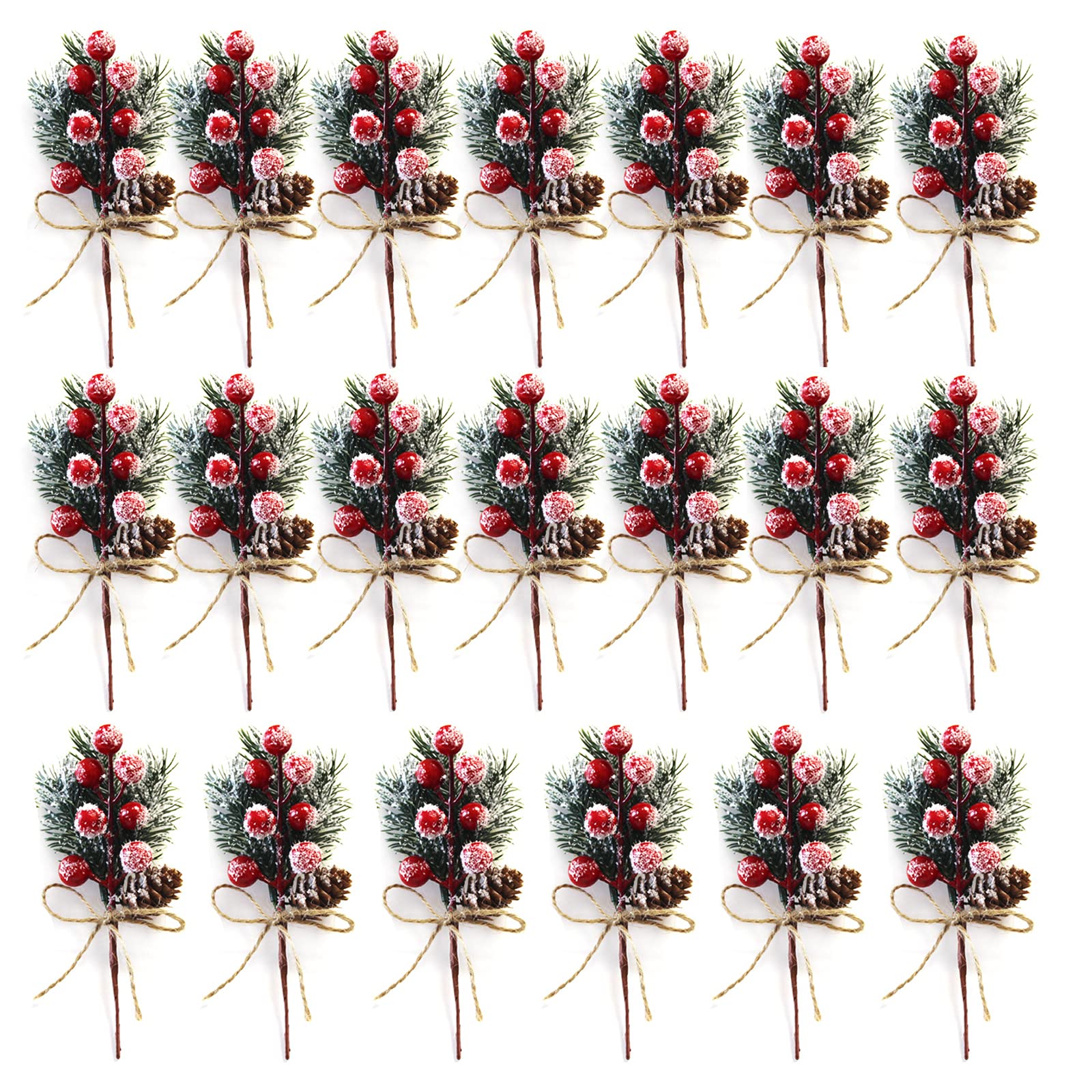 ZWMBYN 20pcs Artificial Red Berry Stems with Pine Branches & Twine Bow - Christmas Wreath Picks, Mini Flocked Holly Spray Stems for Holiday Tree Decorations, DIY Crafts, Xmas Home & Party Decoration (Red)