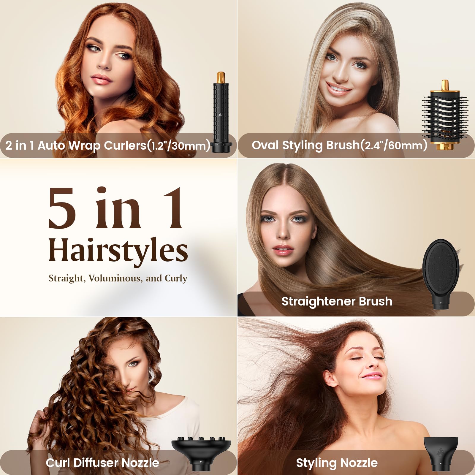 5 in 1 Air Styler - 110,000 RPM High-Speed Hair Dryer Brush with Auto-Wrap Curler, Cushion Massager Brush, Oval Brush & Diffuser | Professional Salon Styling at Home for Straightening, Volumizing & Curling Hair