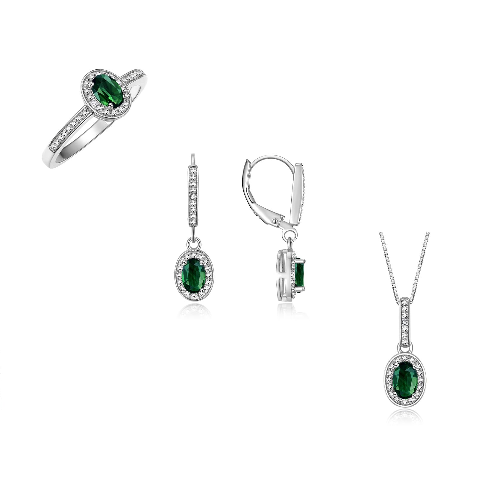Rylos Sterling Silver Halo Jewelry Set for Women - Green Sapphire Birthstone Ring, Earrings & Necklace with 6X4MM Gemstones & Diamonds | September Birthstone Gift, Friendship Jewelry | Perfect for Birthdays, Anniversaries & Special Occasions