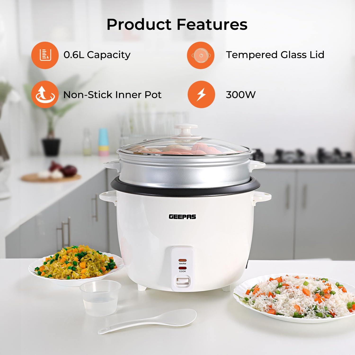 Geepas 350W Electric Rice Cooker & Steamer with Keep Warm Function, 0.6L Capacity - Non-Stick Inner Pot, Automatic Cooking, Includes Measuring Cup & Spatula - Perfect for Small Kitchens, Dorms, Offices & Healthy Meal Prep
