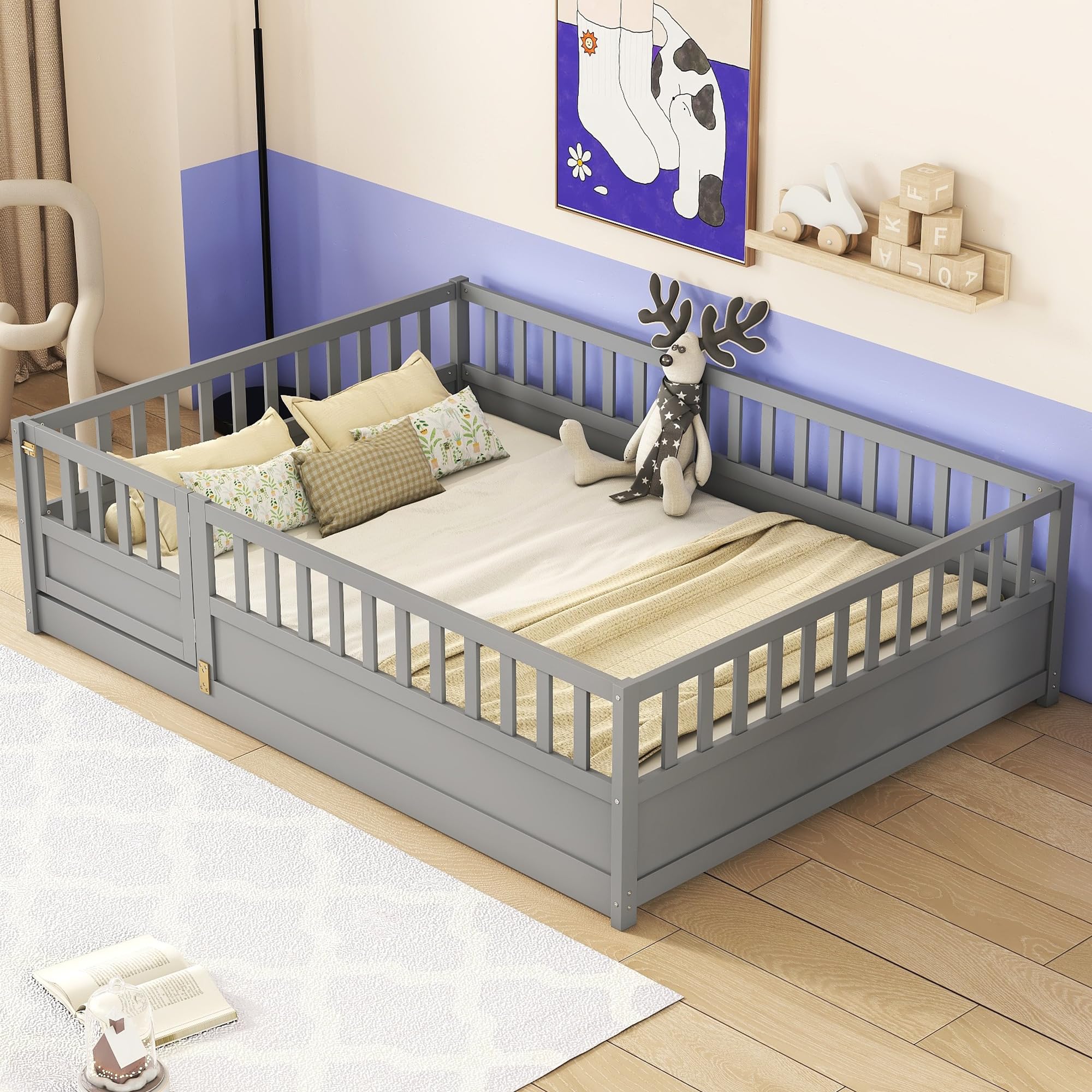 Montessori Wood Floor Bed for Kids - Full Size with High Safety Rails & Door Design, Grey - No Bed Slats Needed - Perfect for Toddler Rooms, Daycare Centers & Montessori Classrooms