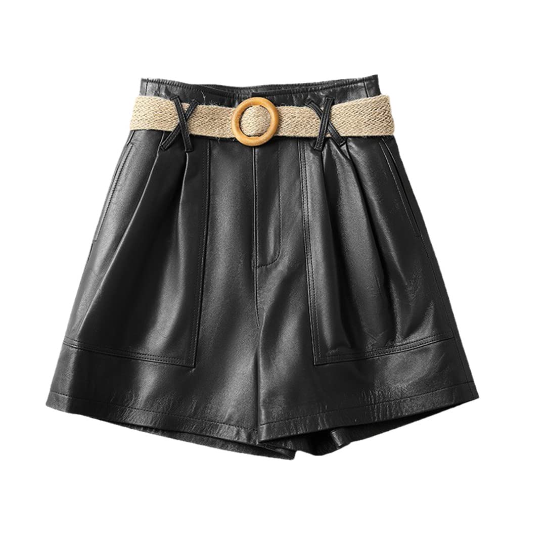 Pokemon & Hent Women's High-Waisted Belted Sheepskin Leather Shorts - Soft Flared Wide-Leg Denim Shorts for Women | Casual Outfits, Streetwear, Summer Fashion