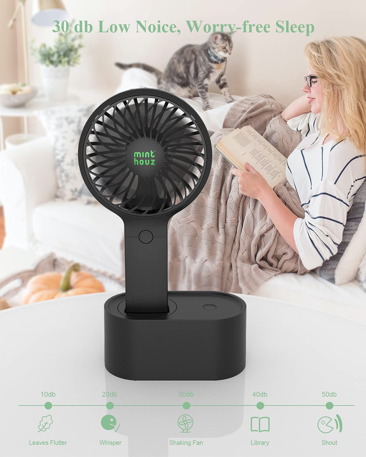 Minthouz Handheld Fan - Mini Portable USB Rechargeable Personal Fan with 90° Auto Head Shaking, 3 Speed Settings, 2000mAh Battery - Perfect for Office, Home, Travel, Gym & Outdoor Activities (Stylish Design for Women, Men & Kids)