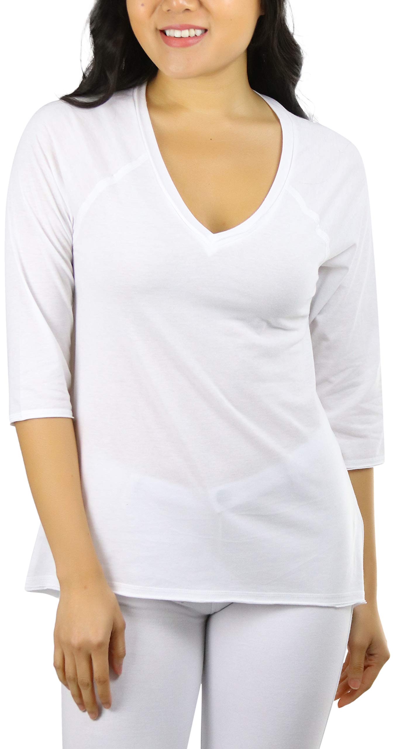 ToBeInStyle Women's Cotton Relaxed Fit V-Neck Raw Edge Raglan ¾ Sleeve Pullover Sweater - Casual Comfort for Everyday Wear, Office & Weekend Outings