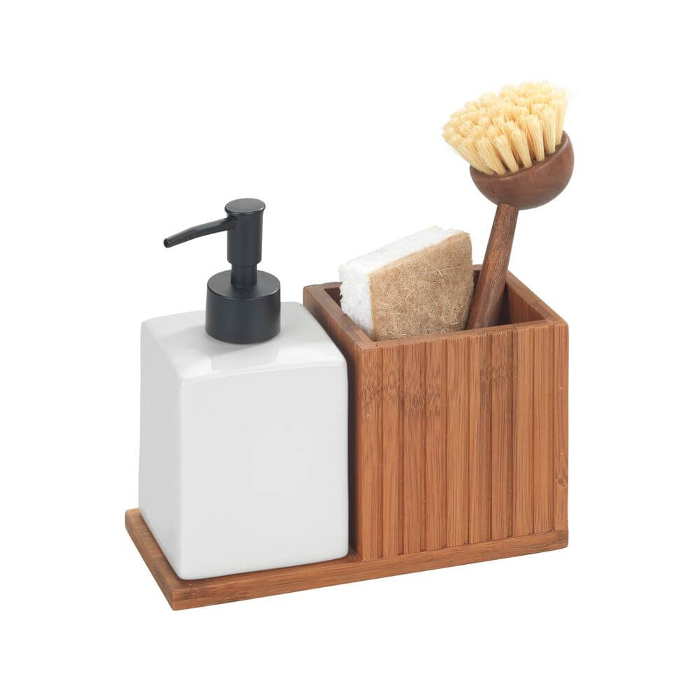Premium Ceramic & Bamboo Dish Soap and Brush Holder Set - Kitchen Sink Organizer for Sponge, Scrubber & Liquid Soap Dispenser - Perfect for Modern Farmhouse, Rustic & Minimalist Kitchen Decor