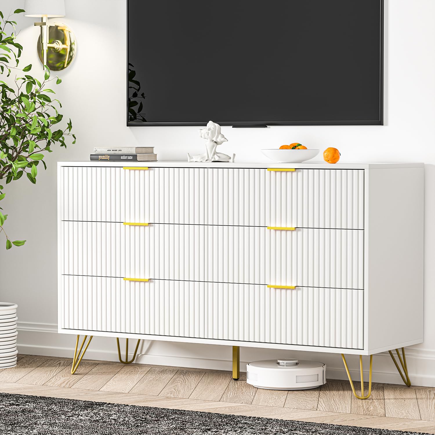 Modern White 6-Drawer Dresser with Gold Handles - Elegant Chest of Drawers for Bedroom & Living Room Storage, Perfect for Organizing Clothes, Linens, and Home Decor