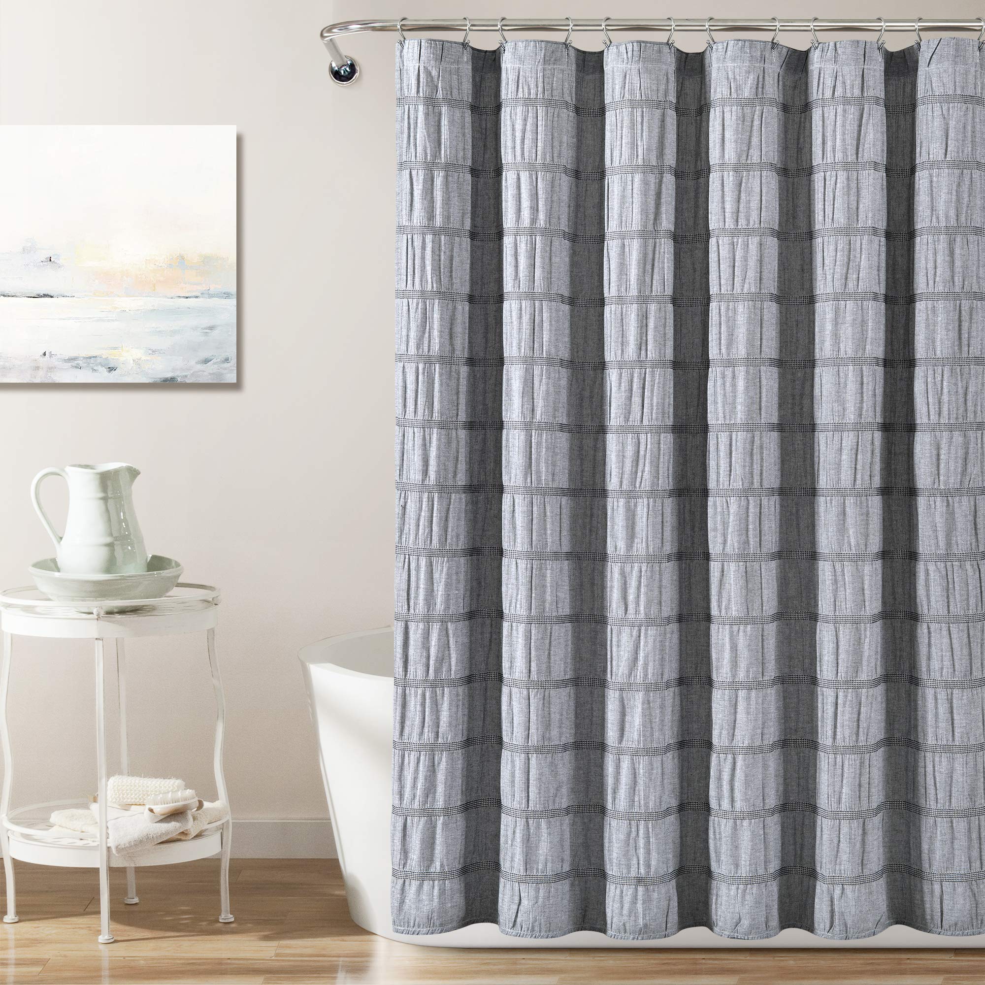 Lush Decor Light Gray Waffle Stripe Woven Cotton Shower Curtain 72x72 Inches - Modern Bathroom Decor for Spa-Like Experience, Waterproof & Durable Fabric for Daily Use