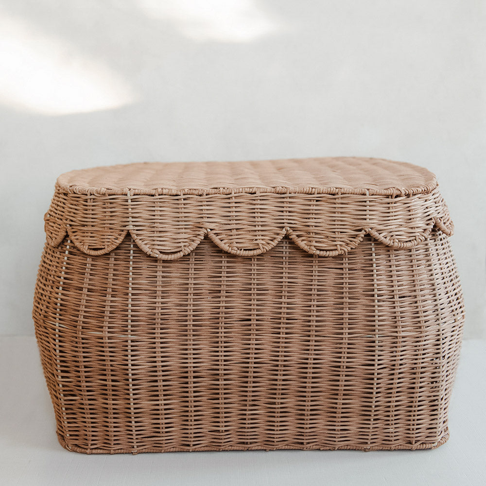 Sage Scalloped Storage Basket with Lid - Woven Decorative Organizer for Home, Office & Nursery - Perfect for Blankets, Toys & Clutter Control