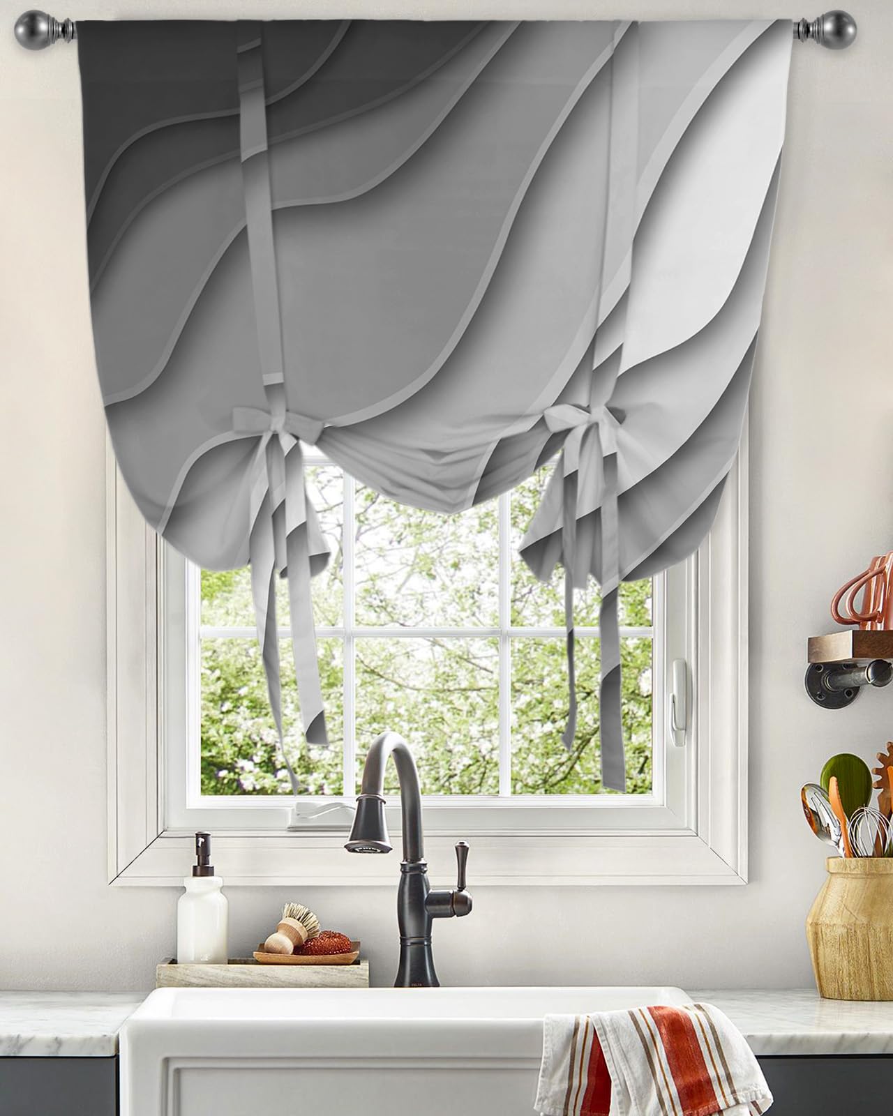 Modern Abstract Tie Up Kitchen Curtains - Gray Striped Geometric Ripple Line Balloon Shade with Rod Pocket, 42