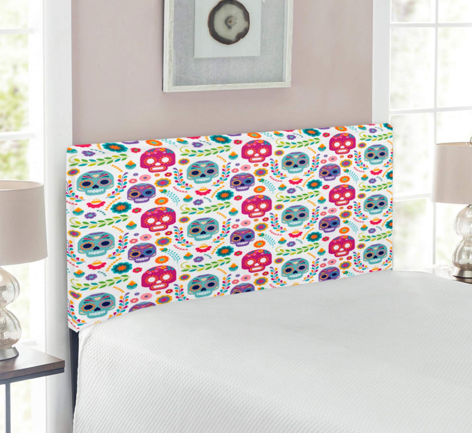 Ambesonne Mexican Headboard - Día de Muertos Skull with Flowers & Branches Artwork, Upholstered Decorative Metal Bed Frame with Memory Foam, Twin Size, Multicolor - Perfect for Latino Themed Bedrooms & Day of the Dead Decor