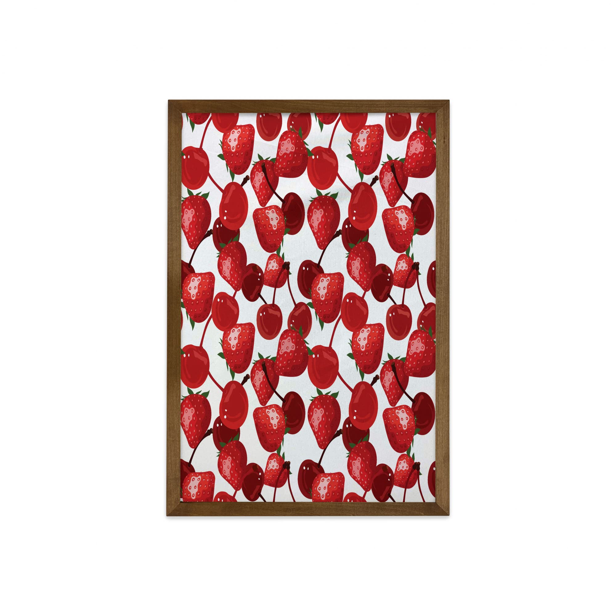 Ambesonne Summer Framed Wall Art - Strawberry & Cherry Spring Fruit Print, Exotic Food & Picnic Fabric Decor with Teak Wood Frame - 23x35 Inch Burgundy White Green - Perfect for Home, Dorm, Kitchen & Dining Room Decor