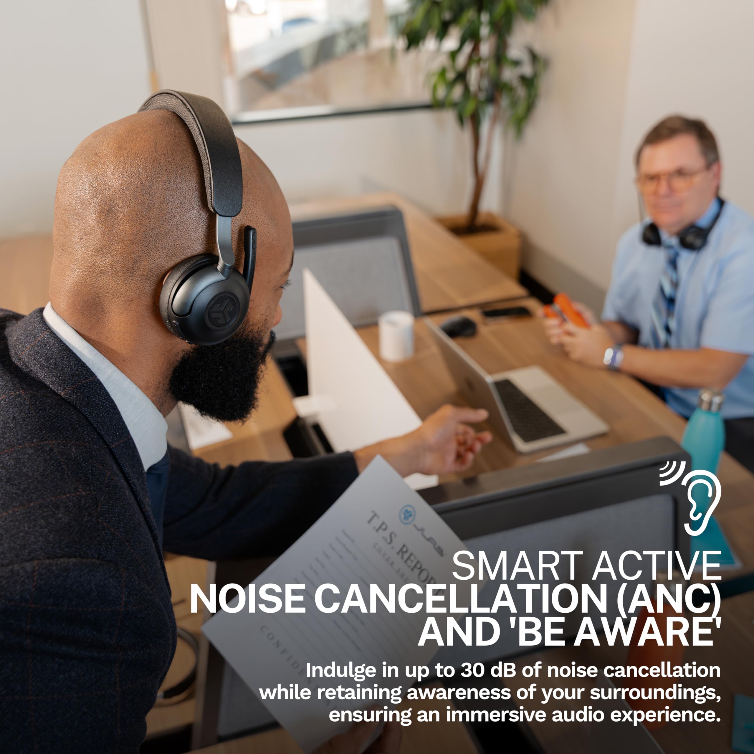 JLab Epic Work Wireless Bluetooth Headphones with Microphone - Active Noise Cancelling Headset, 90+ Hours Playtime, Charging Hub, Multipoint Connectivity for PC/Laptop/Mobile - Perfect for Office, Commuting & Remote Work (1 Pack)