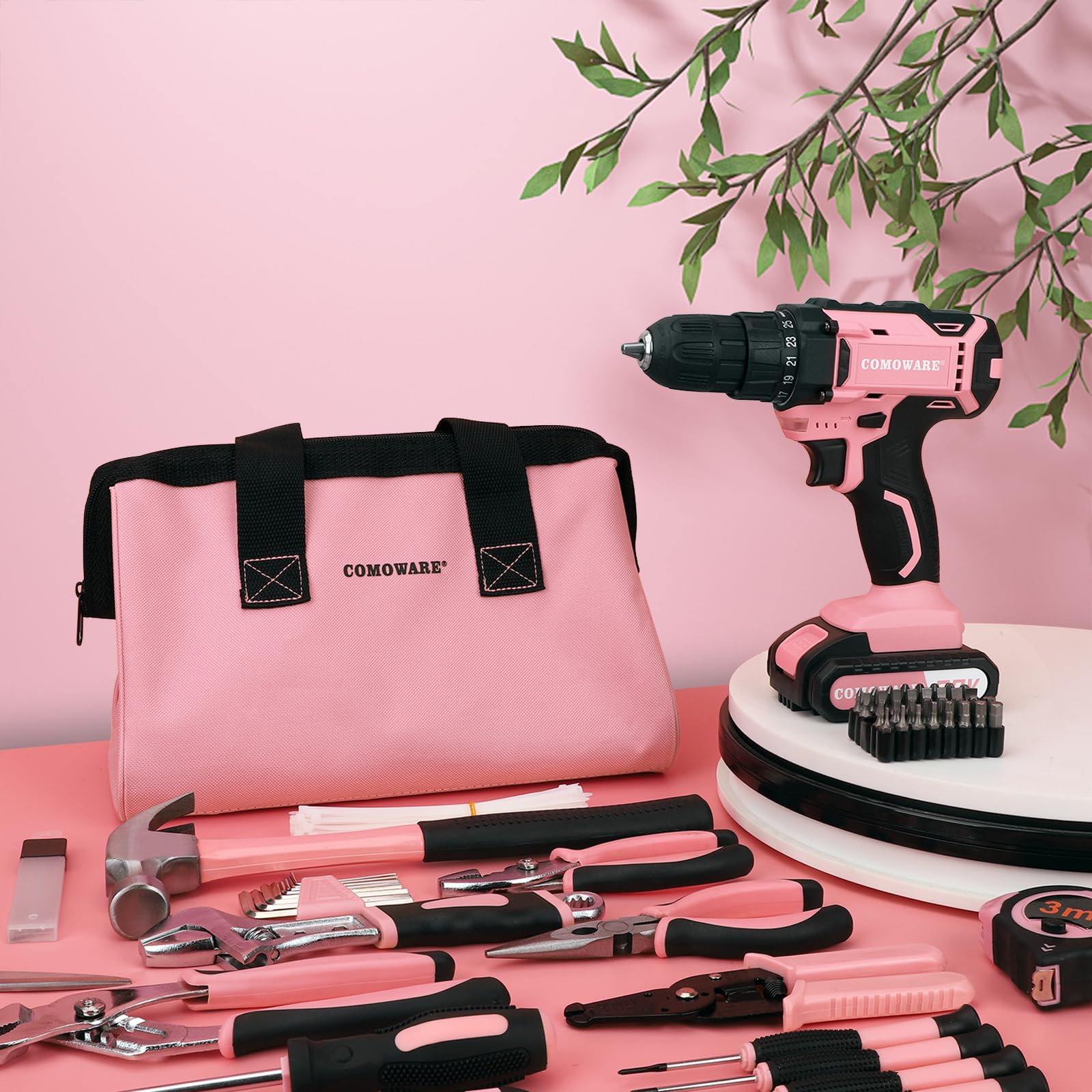 COMOWARE 171-Piece Pink Power Tool Kit for Women - 20V Cordless Drill, Home Repair Tools with Storage Bag - Perfect for DIY Projects, Home Maintenance & Small Repairs