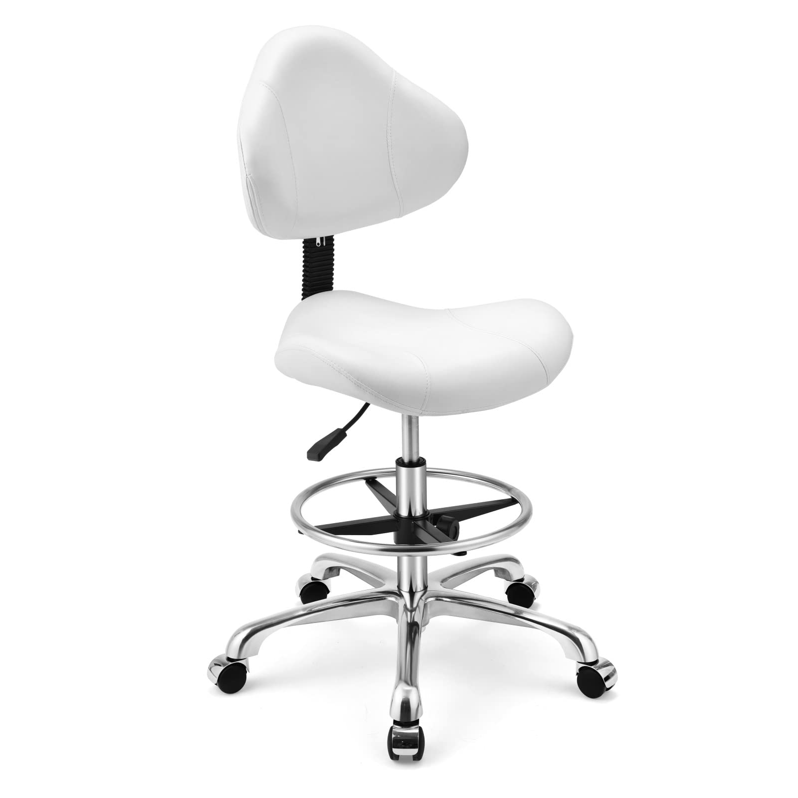 Ergonomic Drafting Chair with Lumbar Support - Adjustable Height Swivel Rolling Stool for Home Office, Studio & Craft Room - White Multi-Functional Desk Chair for Artists, Architects & Designers
