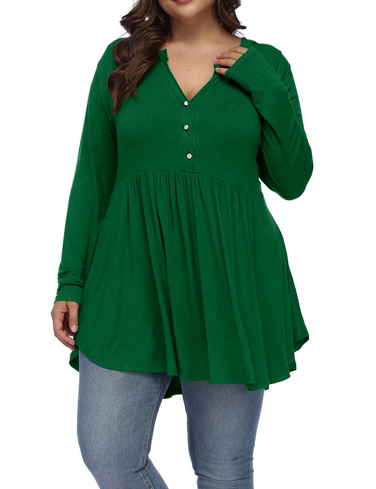 ALLEGRACE Women's Plus Size Henley V-Neck Button Down Tunic Top - Long Sleeve Flowy Swing Shirt for Casual Wear, Office Outfits & Everyday Comfort