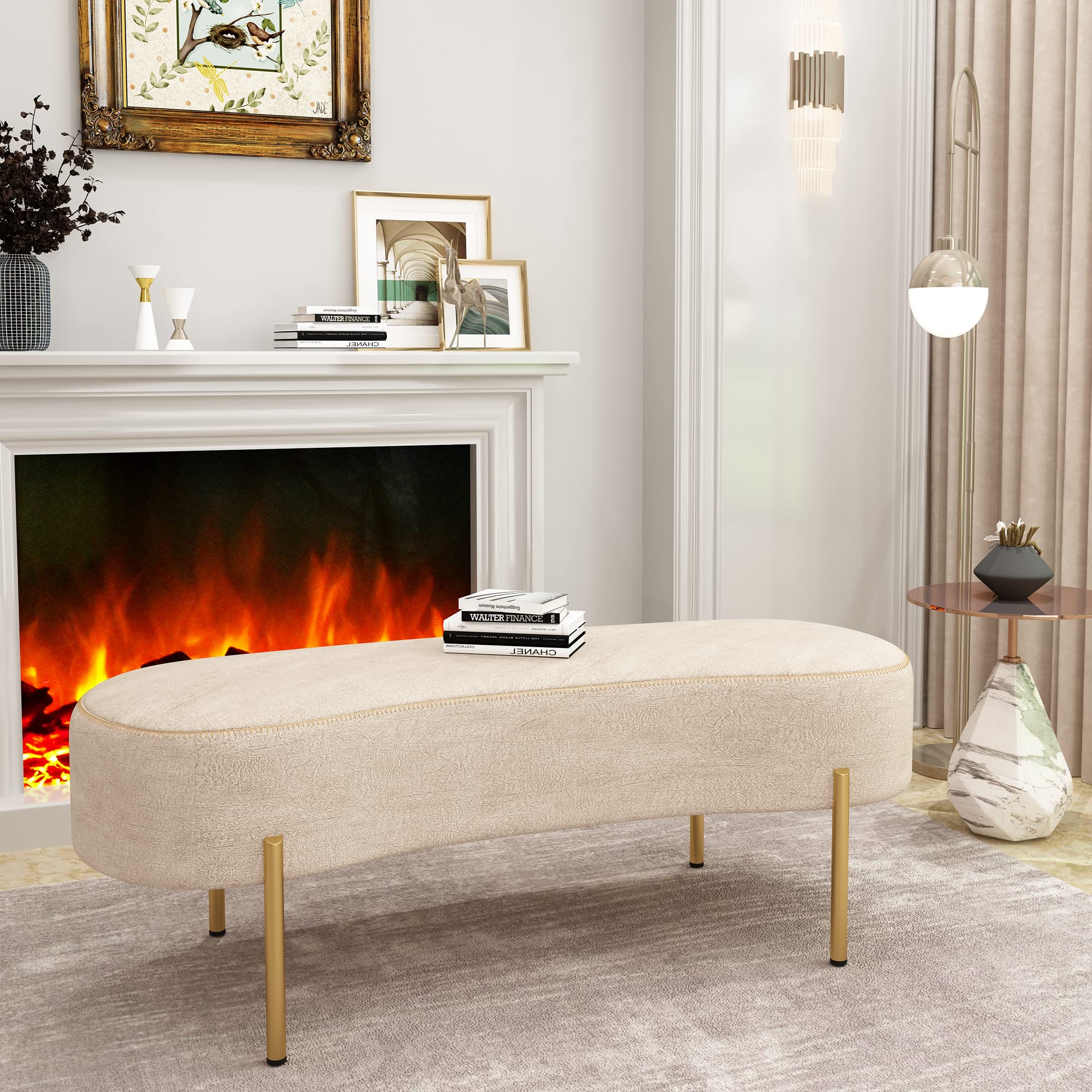 Modern Upholstered Bench with Gold Legs - Entryway, Living Room & Bedroom Ottoman Bench in Beige | Perfect for Seating, Storage & Home Decor