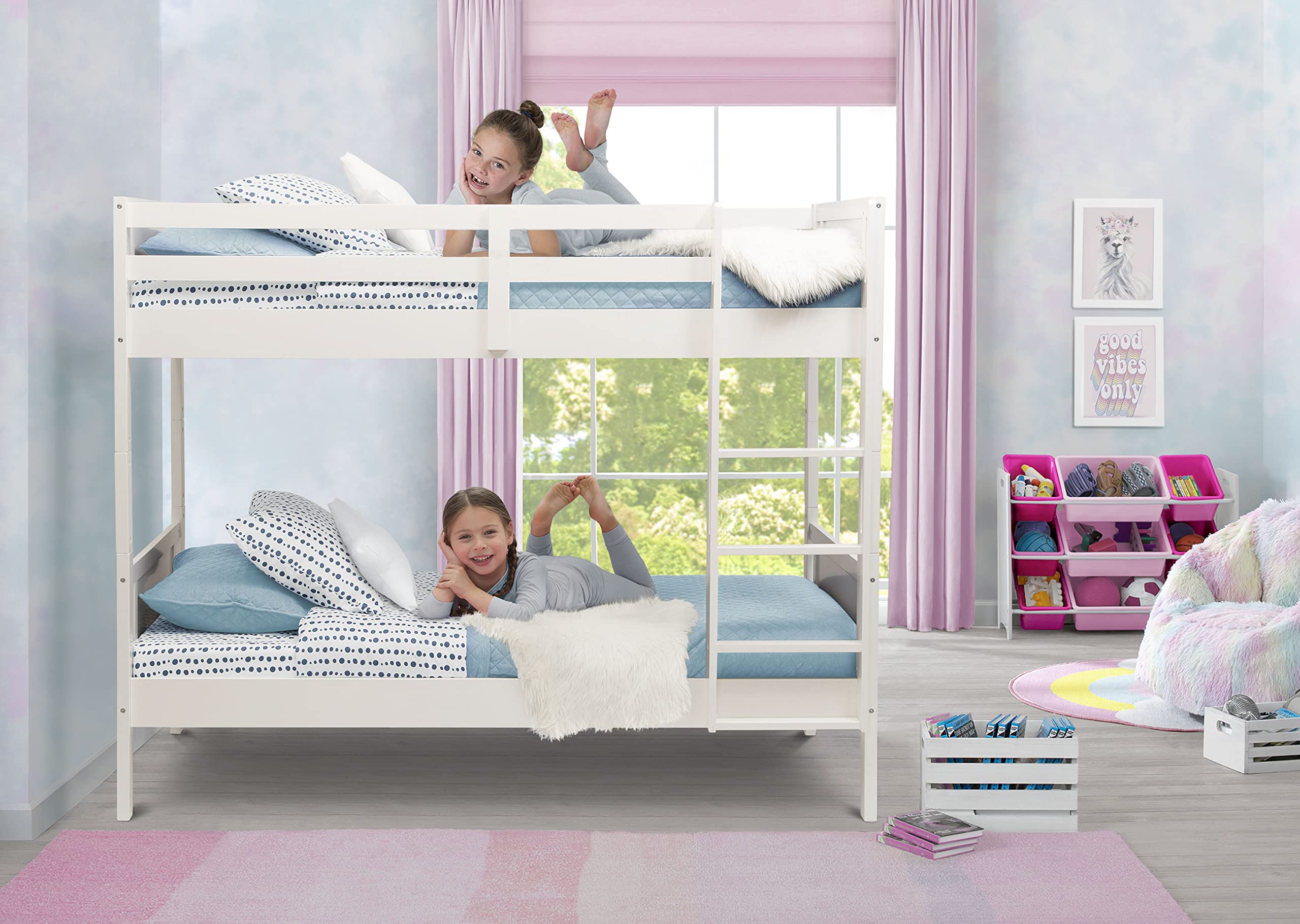 Delta Children White Convertible Twin Over Twin Wood Bunk Bed with Ladder & Guardrails - Converts to 2 Standalone Twin Beds - Sturdy & Safe Kids Bedroom Furniture for Small Spaces - Ships in 2 Boxes | Perfect for Shared Kids Rooms, Sleepovers & Space-Saving Solutions