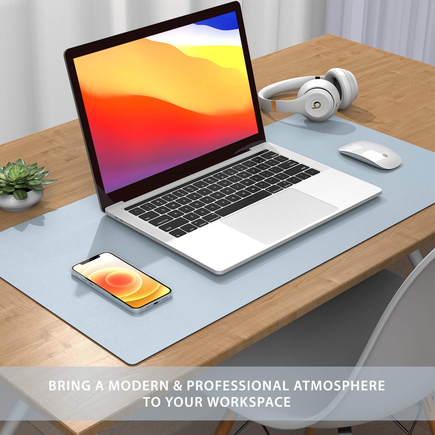 AFRITEE Large Desk Pad Protector Mat - Non-Slip Mouse Pad & Waterproof Writing Surface (Grayish Blue/Silver 31.5