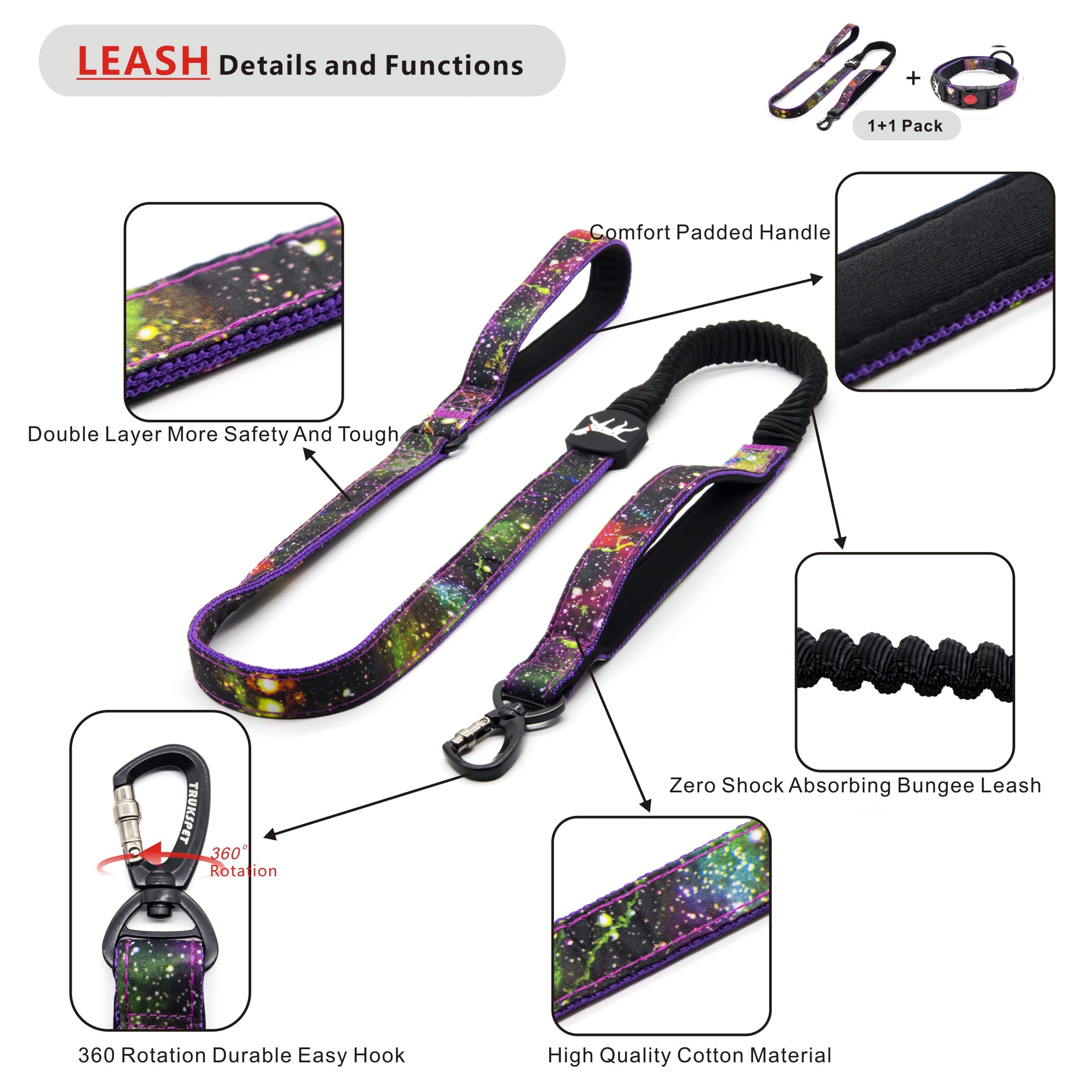 Heavy Duty Bungee Dog Collar and Leash Set - Adjustable 4-6Ft Training Leash with 2 Control Handles for Medium & Large Dogs - Soft Padded for Comfort - Perfect for Daily Walks, Jogging & Outdoor Adventures (Size: L-Galaxy)
