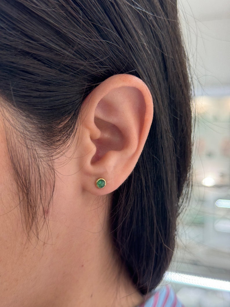 0.55tcw 14K Gold Natural Medium Dark Green Round Cabochon Emerald Stud Earrings for Women - Perfect for Everyday Wear, Gifts & Special Occasions