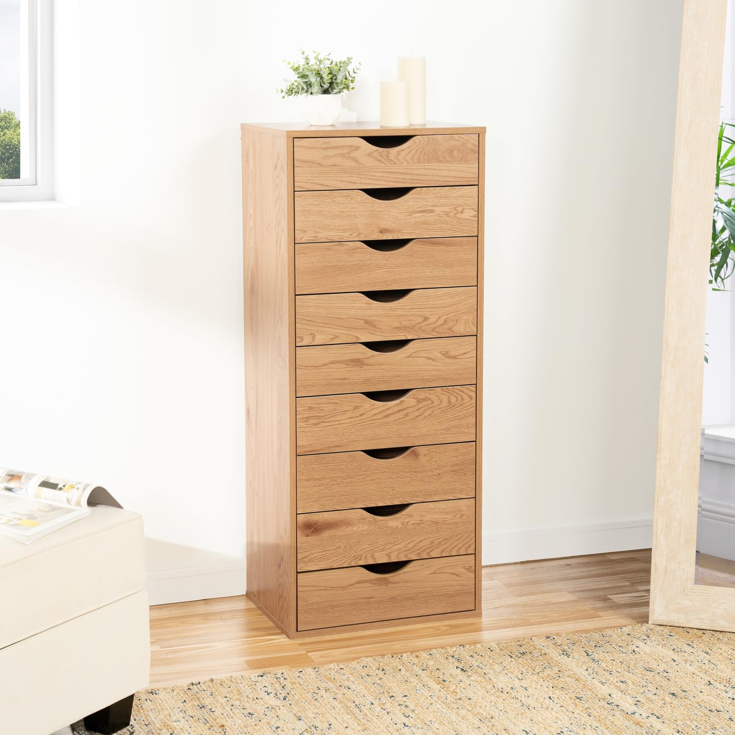 Naomi Home 9-Drawer Dresser for Bedroom - Stylish Tall Makeup Vanity with Storage Shelves, Small Closet Organizer (200 lbs Capacity) in Natural Finish - Perfect for Bedroom Storage & Makeup Organization