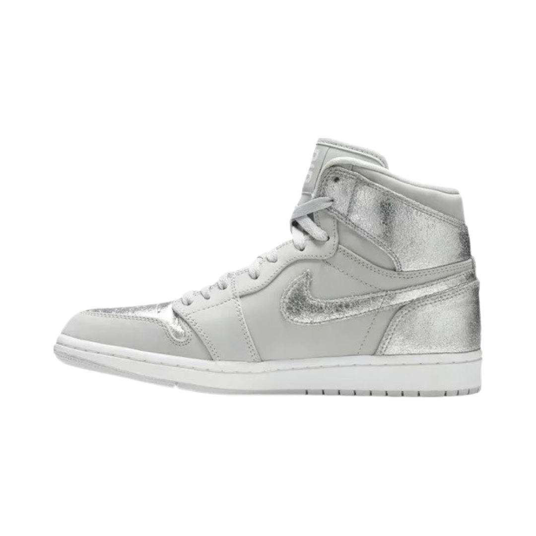 Air Jordan 1 High Retro CO JP Japan Silver Anniversary (2009) Special Edition Sneakers with Suitcase Box - Neutral Grey, Metallic Silver & White - Perfect for Collectors and Sneaker Enthusiasts