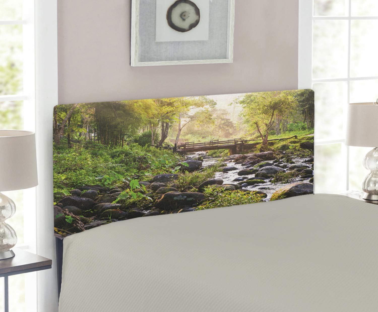 Lunarable Upholstered Landscape Headboard - Twin Size, Small Waterfall in Deep Forest Thailand Sunlight Morning Nature Scenery, Decorative Metal Bed Headboard with Memory Foam in Green Grey Brown | Perfect for Bedroom Decor, Guest Rooms & Nature-Themed Interiors