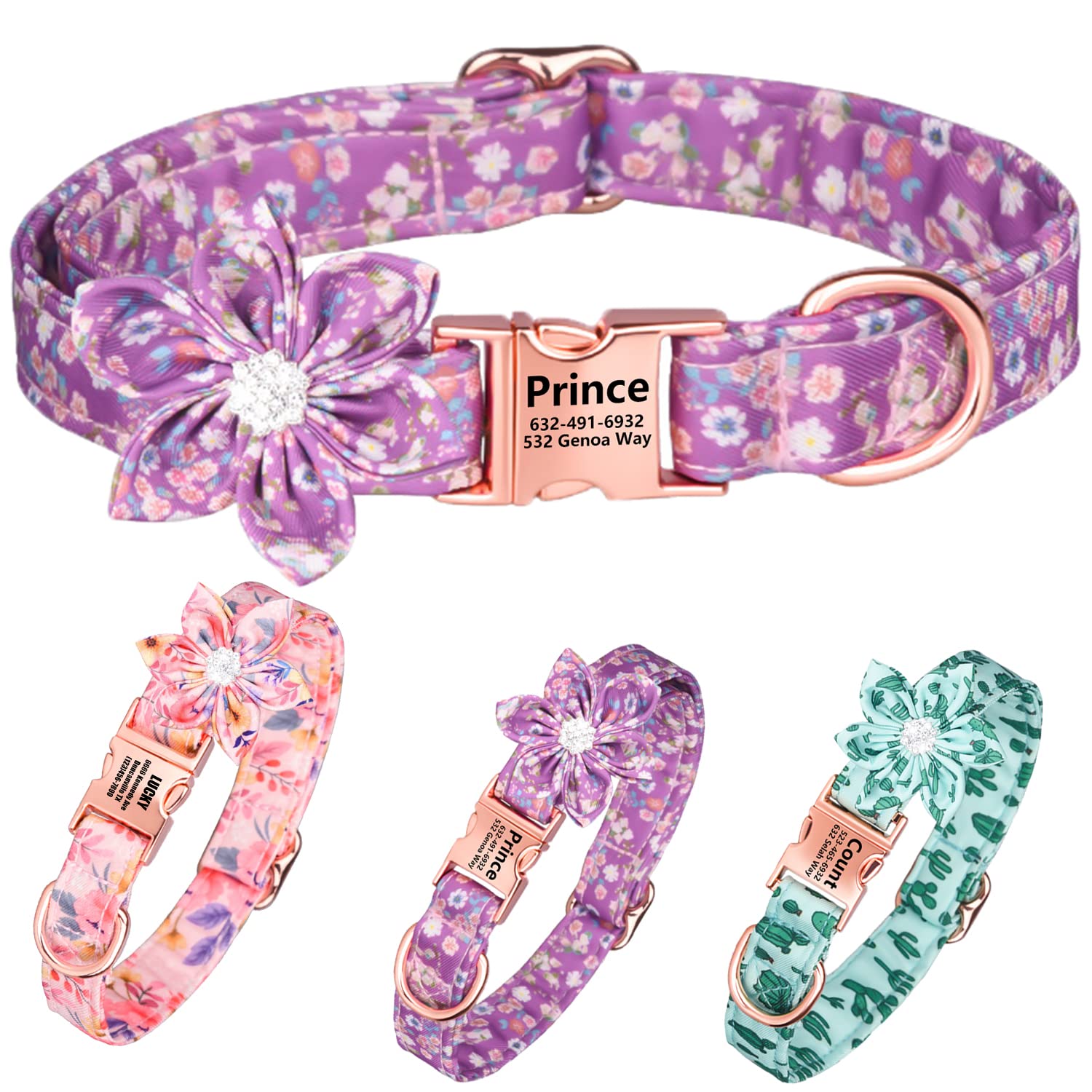 BMusdog Personalized Dog Collar with Daisy Tie - Engraved Pet Name & Phone Number - Soft Flower Print Padded Collar with Quick-Release Buckle for Small/Medium/Large Dogs - Perfect for Walks, Training & Special Occasions