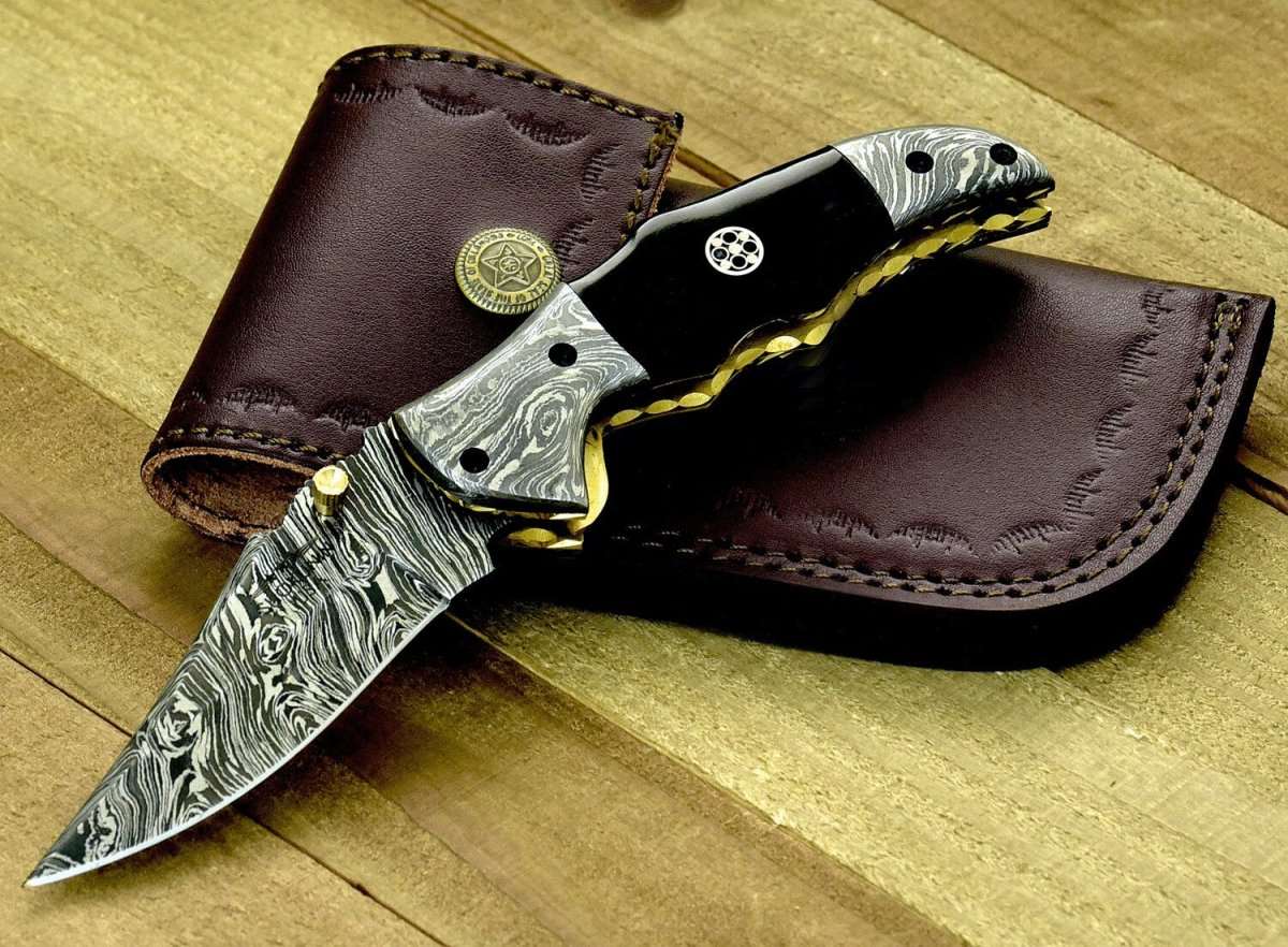 Premium Exodus Gentleman's Knife with Leather Sheath - Genuine Bull Horn Handle & Included Knife Sharpener - Perfect for Outdoor Adventures, Camping & EDC (Everyday Carry)