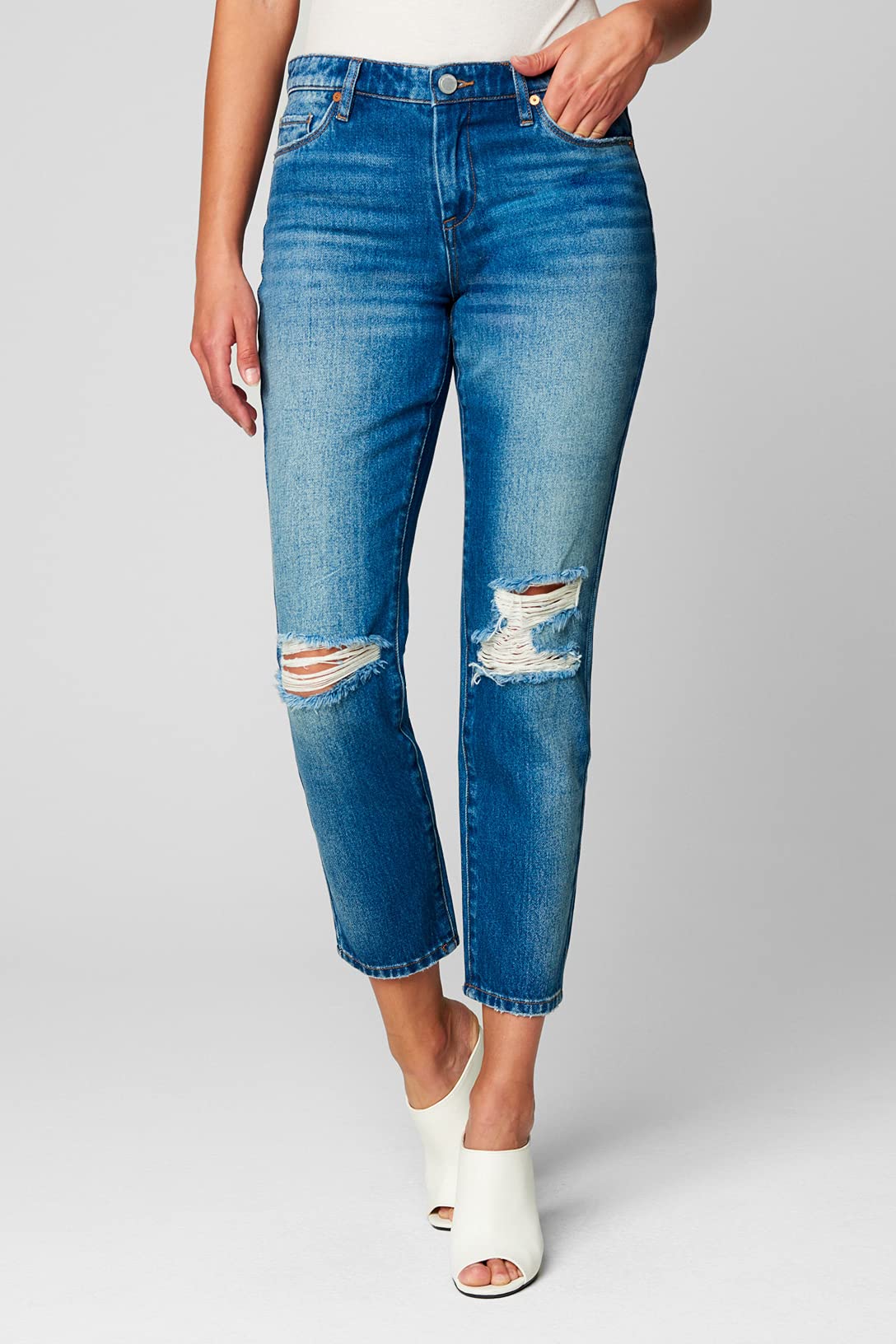 BLANKNYC Women's Distressed Girlfriend Jeans - Looking Glass Wash, Size 31 | Comfortable Stretch Denim for Casual Wear & Everyday Outfits