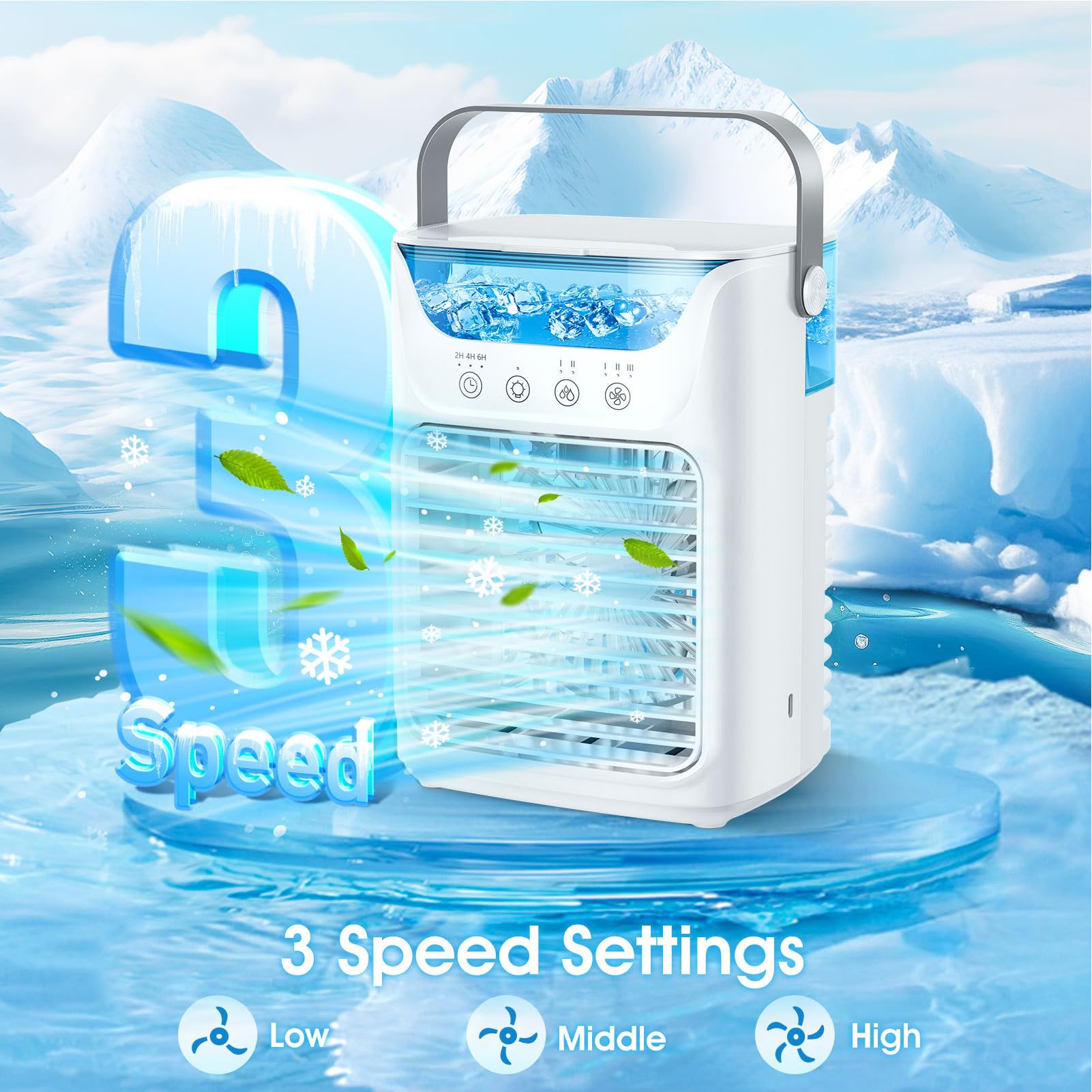 4-in-1 Portable Air Conditioner Fan with 700ML Evaporative Cooling, Touchscreen Control, 3 Speeds & Humidifier - 7 Color LED Lights, 2-6 Hour Timer - Perfect for Bedroom, Office, and Small Spaces Cooling