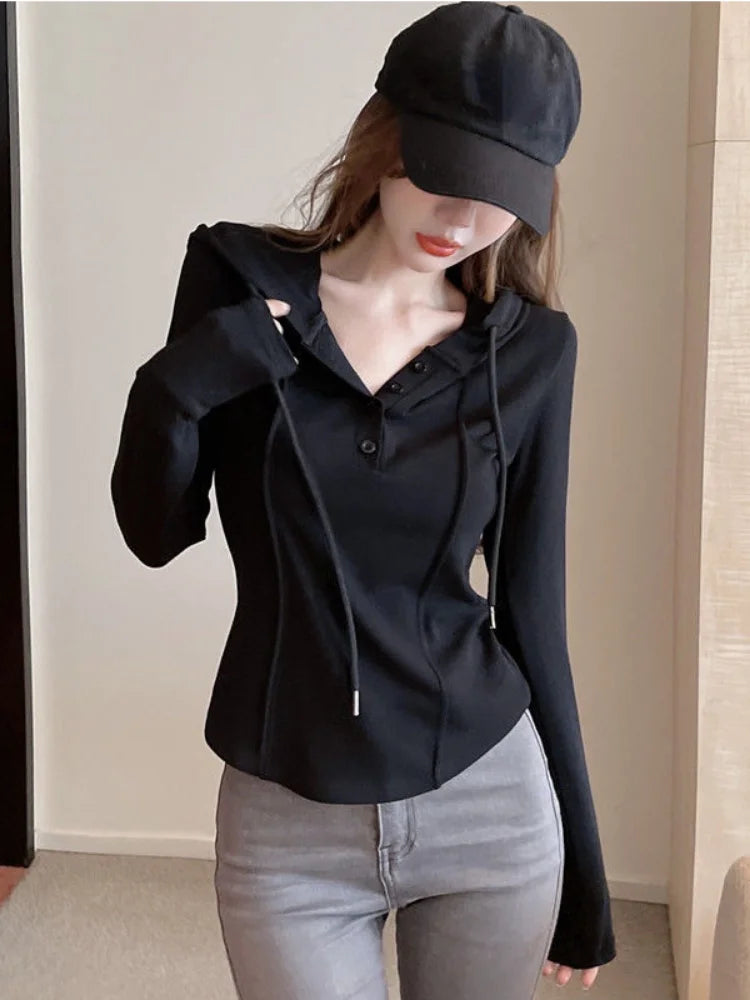 Sexy Black Long Sleeve Crop Top for Women - Korean Style Bandage Tee - Autumn Fashion Solid Kpop T-Shirt | Perfect for Concerts, Streetwear & Casual Outfits