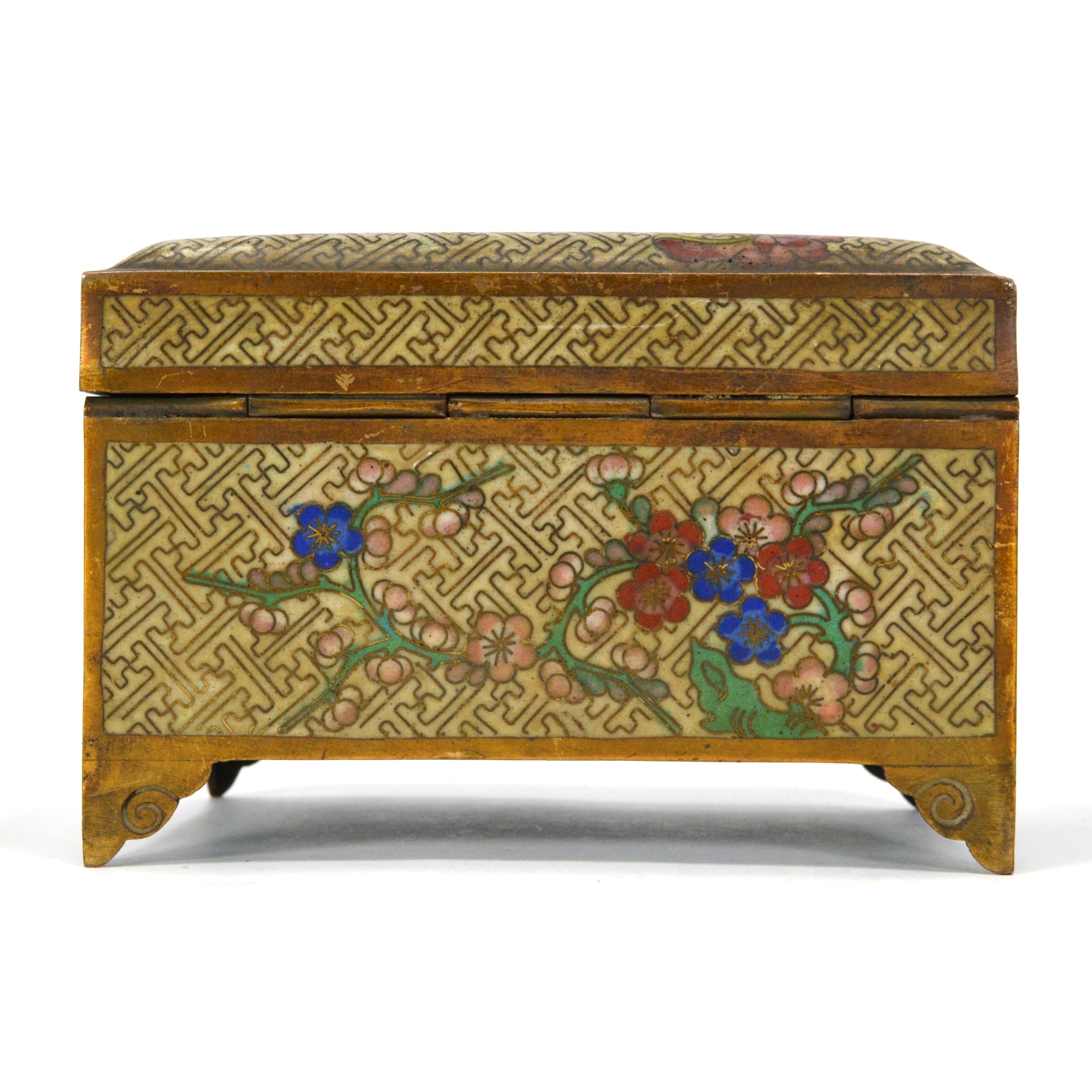 Antique Cloisonne Hinged Jewelry Box with Floral Design - 3x5x3 Inches - Brass/Bronze Footed Trinket Box for Home Decor, Gift, or Storage | Perfect for Jewelry, Keepsakes, and Collectibles
