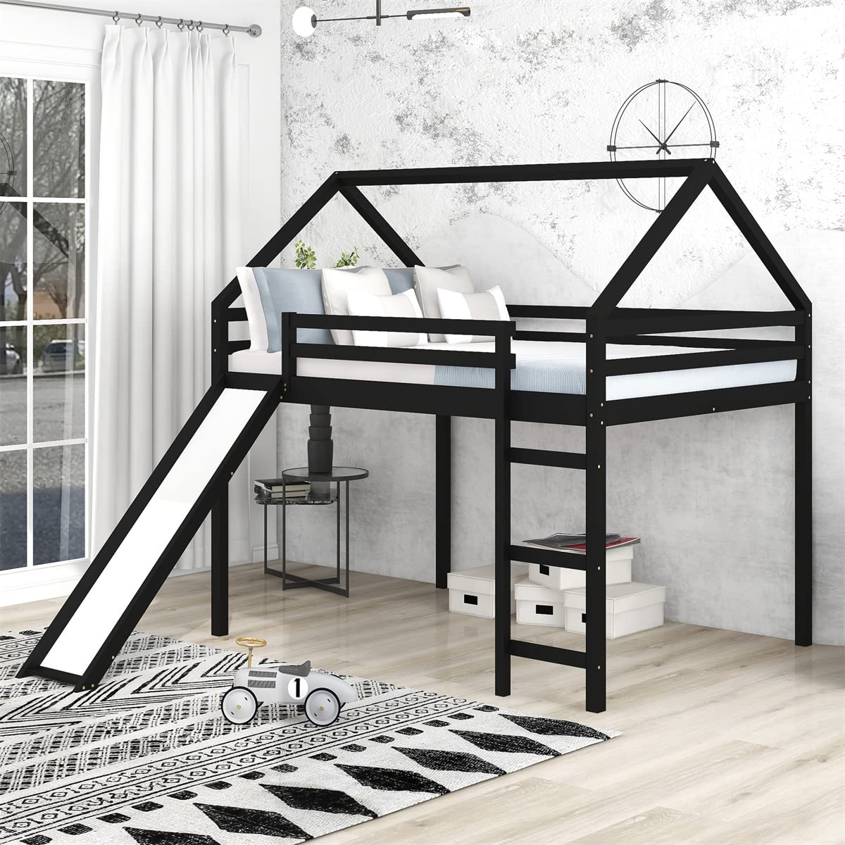 Full Size Loft Bed with Slide - Solid Wood House Bed Frame with Safety Guardrails & Ladder - No Box Spring Needed - Wood Slats Support - Espresso Finish - Perfect for Kids' Bedroom, Playroom or Small Space Living