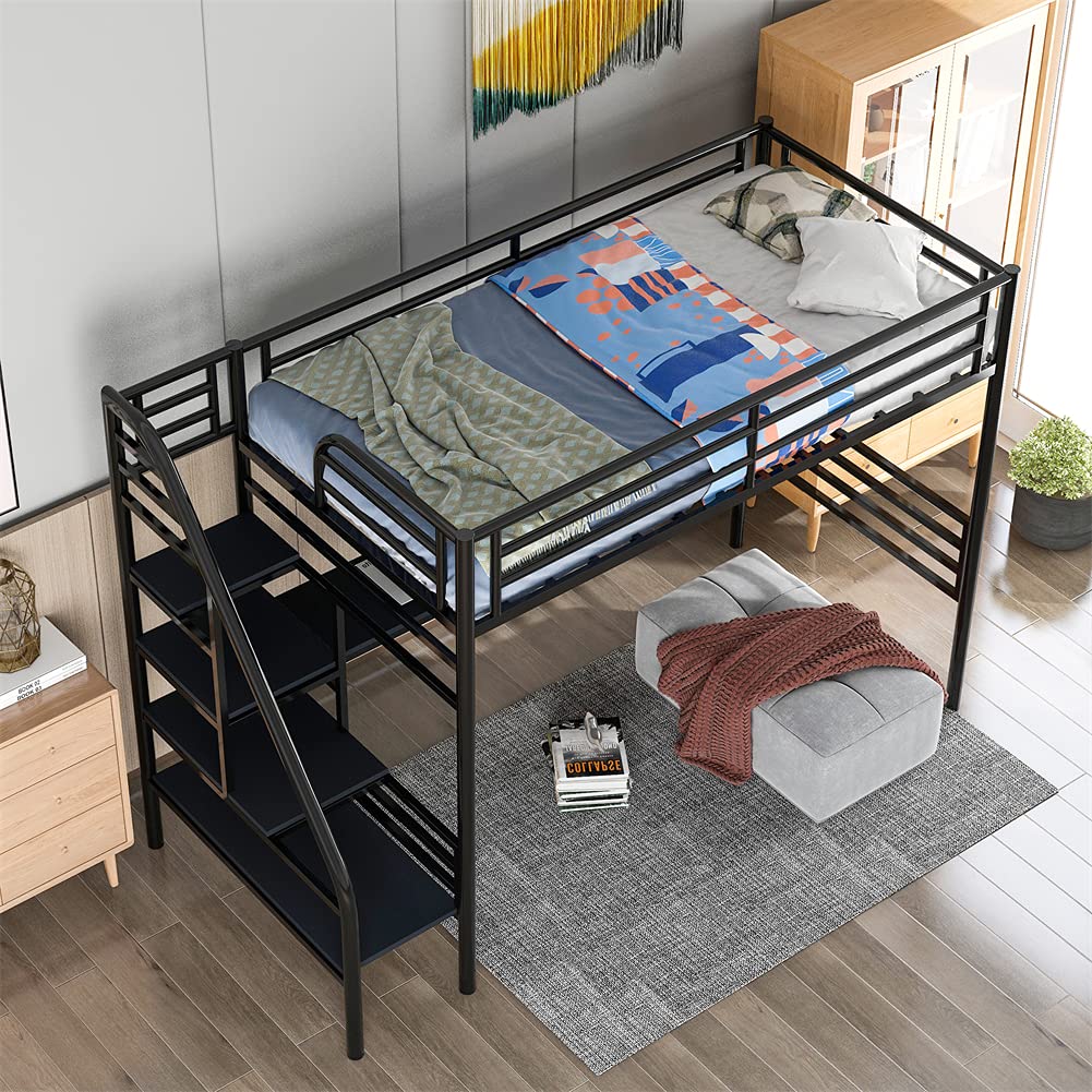 Twin Size Metal Loft Bed Frame with Stairway & Guardrails - Space-Saving Bedroom Furniture with Under-Bed Workstation & Full-Length Desk for Small Apartments, Dorm Rooms & Guest Rooms