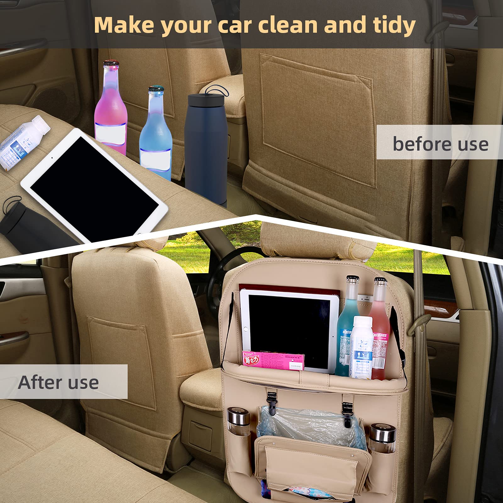 Upgraded Leather Car Backseat Organizer with Trash Can & Tablet Holder - Anti-Kick Seat Protector & Storage Bag for Kids Toddlers | Perfect for Road Trips, Family Travel & Keeping Your Car Clean (Beige)