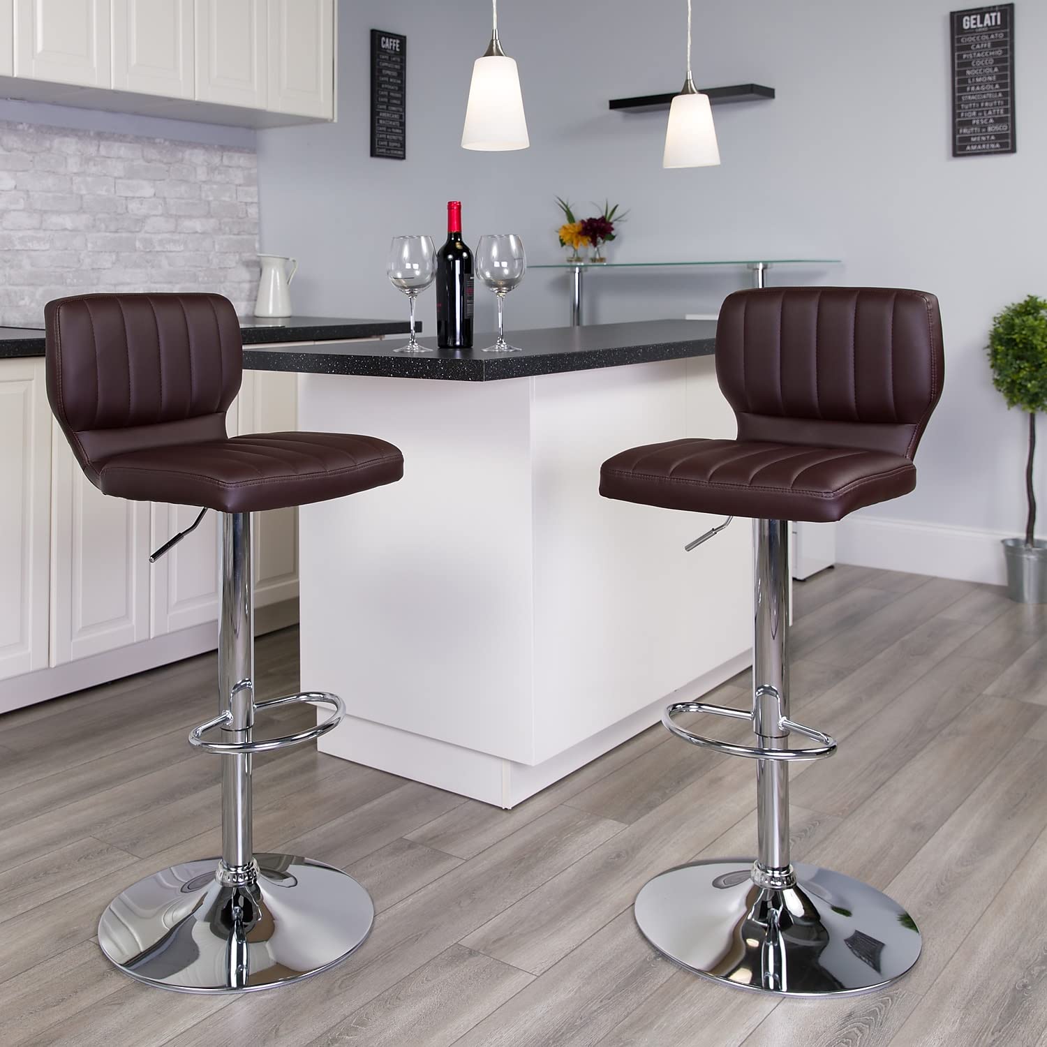 Flash Furniture Samantha 2-Pack Adjustable Height Bar Stools - Contemporary Brown Vinyl Upholstery with Vertical Stitch Back & Chrome Base - Perfect for Kitchen Islands, Home Bars & Counter Seating