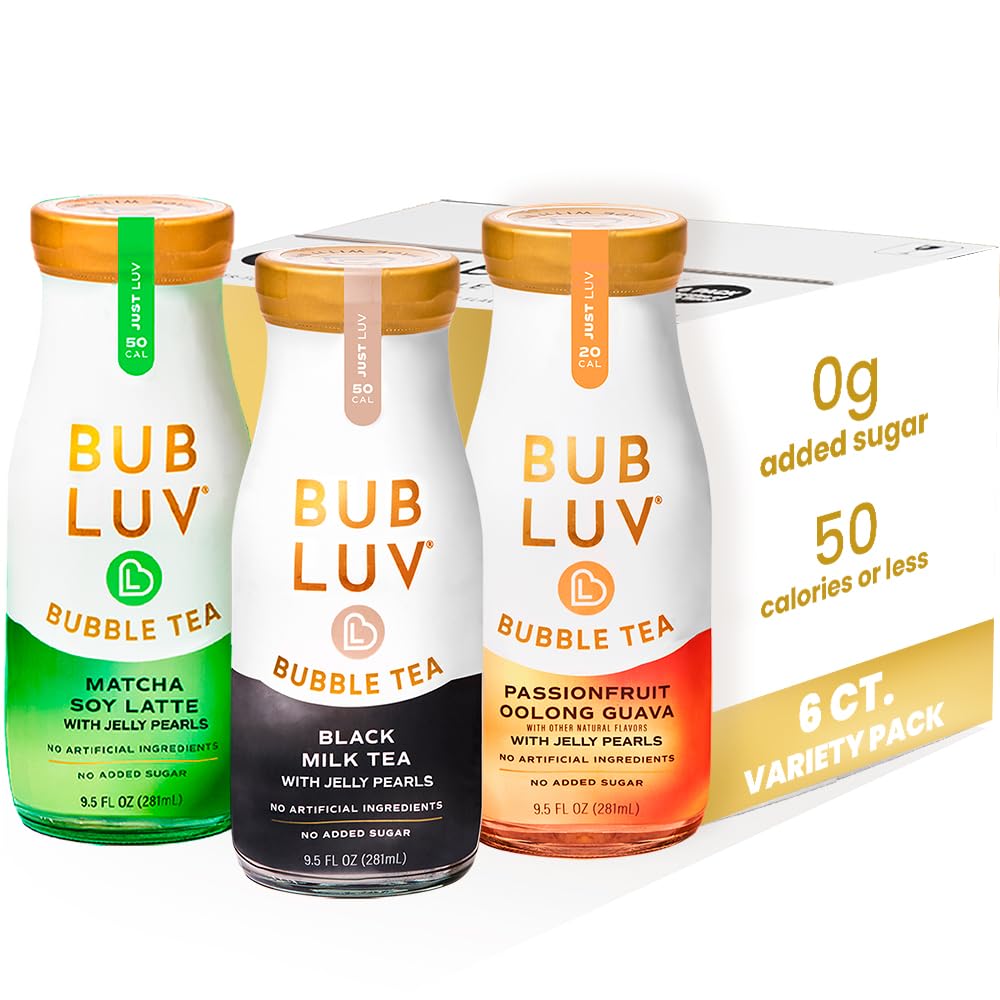 BUBLUV Low Sugar Bubble Tea with Low-Carb Jelly Pearls - 3 Flavor Variety Pack (Black Milk Tea, Matcha Soy Latte, Passionfruit Oolong Guava) - Ready-to-Drink Boba Tea in Glass Bottles, Low Calorie & Low Sugar Beverage - Perfect for Office Snacks, Afternoon Tea, and Healthy Lifestyle (Pack of 6, 9.5 fl oz Each)